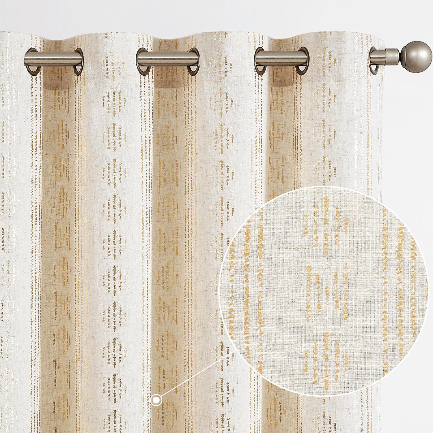 jinchan Cortinas bohemias de lino para sala de estar, cortinas con estampado de lámina dorada, 63 pulgadas de largo, 2 paneles de cortinas