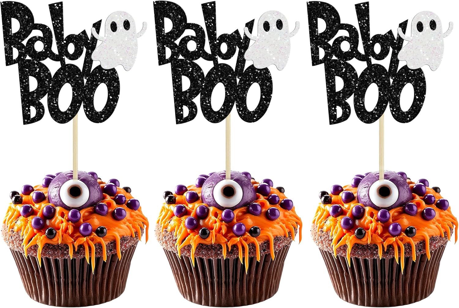 24 piezas de decoración para cupcakes Baby Boo con purpurina negra espeluznante y espeluznante para cupcakes de fantasmas para Halloween, baby