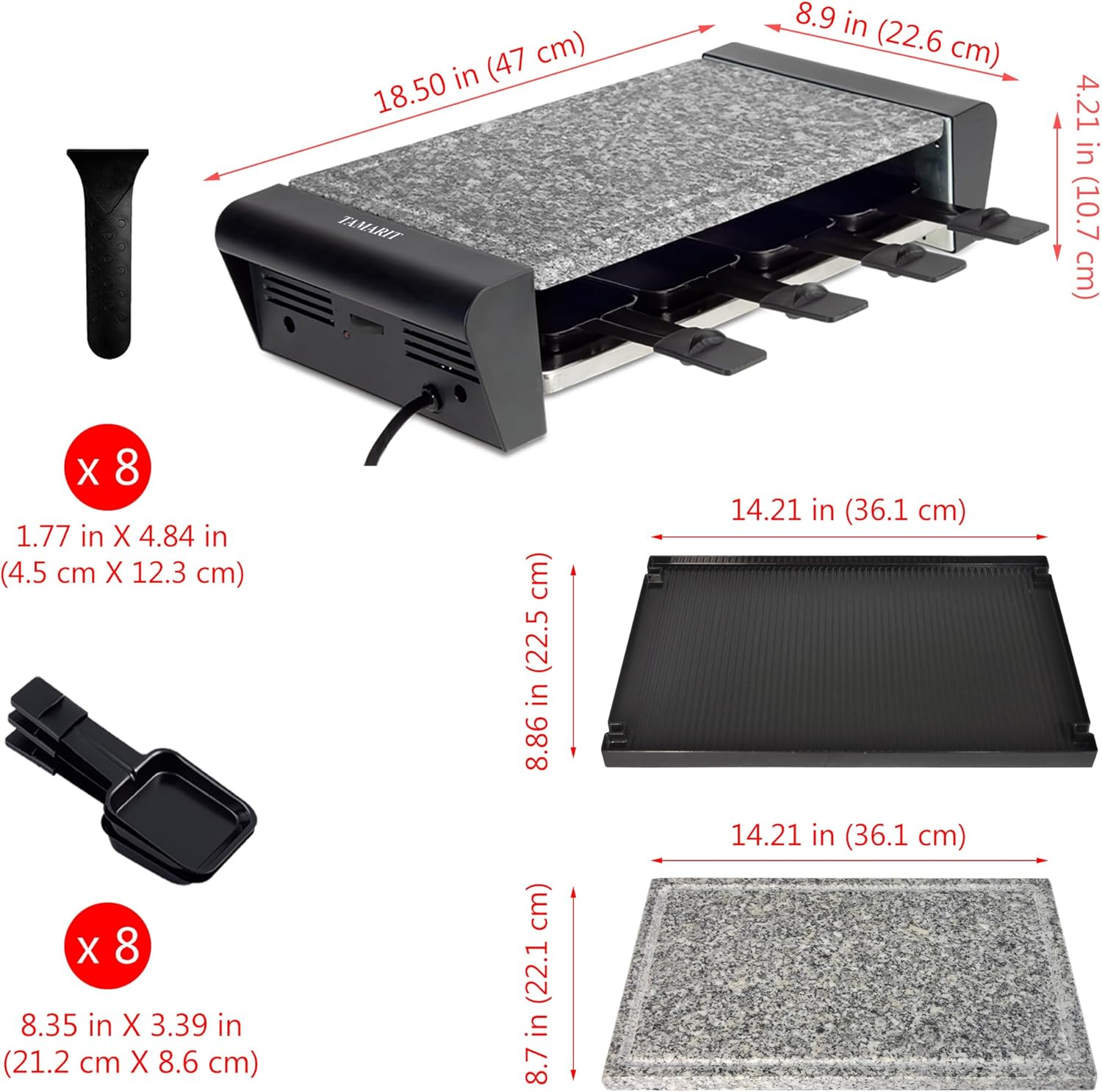 TAMARIT Raclette – Parrilla eléctrica 3 en 1 portátil, parrilla coreana para interior con 8 paletas, apta para lavavajillas, placa de aluminio
