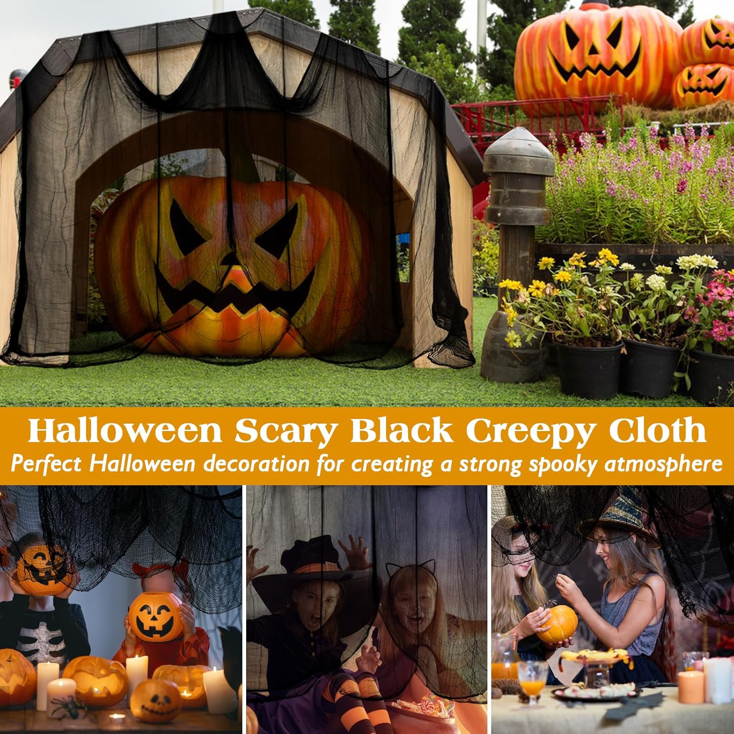 Halatool Tela espeluznante de Halloween de 85 x 400 pulgadas, gasa negra de gran tamaño, para colgar en casa embrujada, decoración de Halloween,