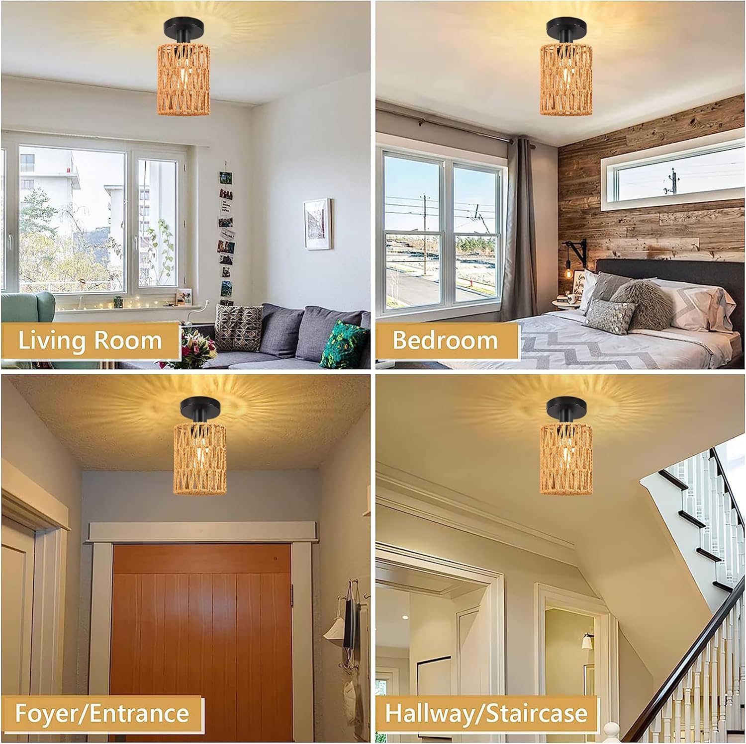 Lámpara de techo estilo bohemio, mini lámpara de araña de ratán con bombilla LED regulable (2700 K), lámparas de techo tejidas a mano para pasillo,