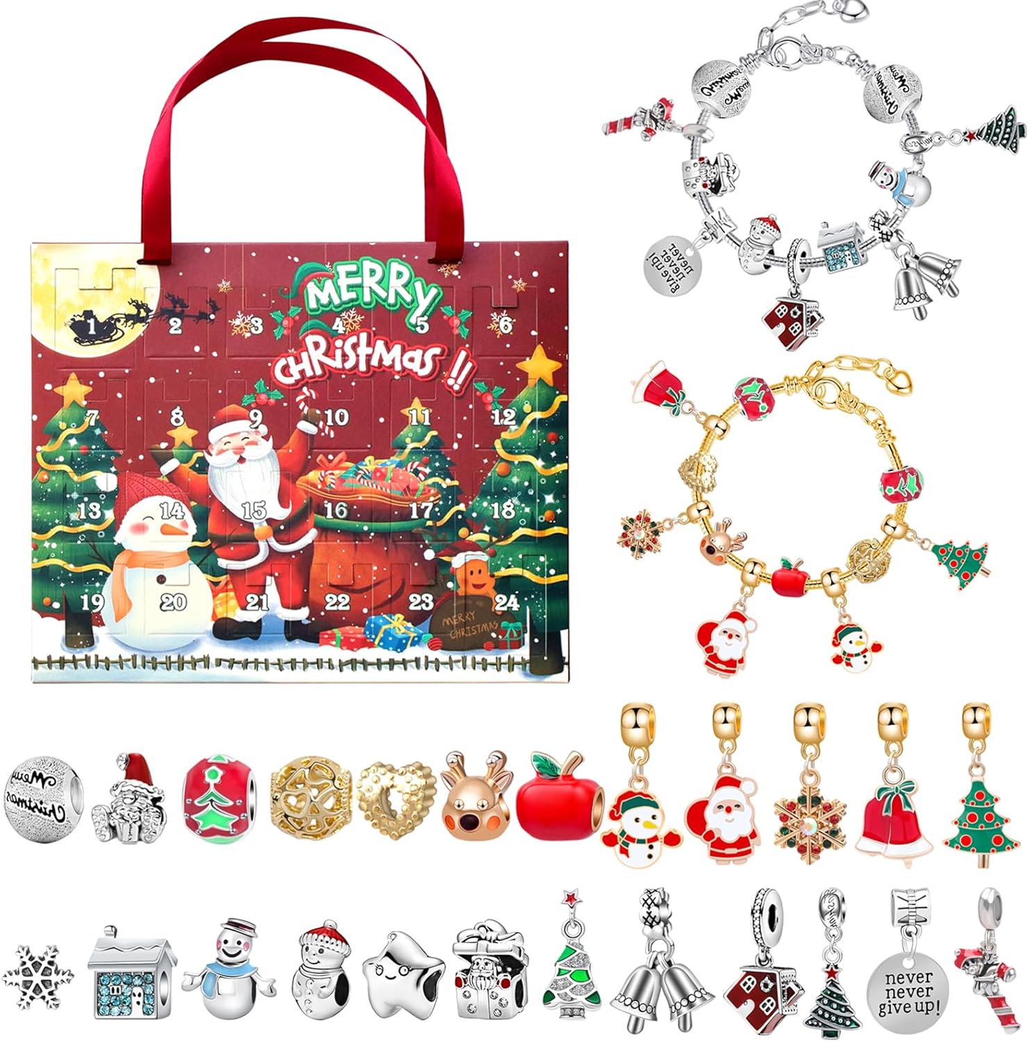 Pulseras de calendario de Adviento de Navidad 2023 para niñas, calendario de cuenta regresiva de Navidad de 24 días, kit de fabricación de joyas,