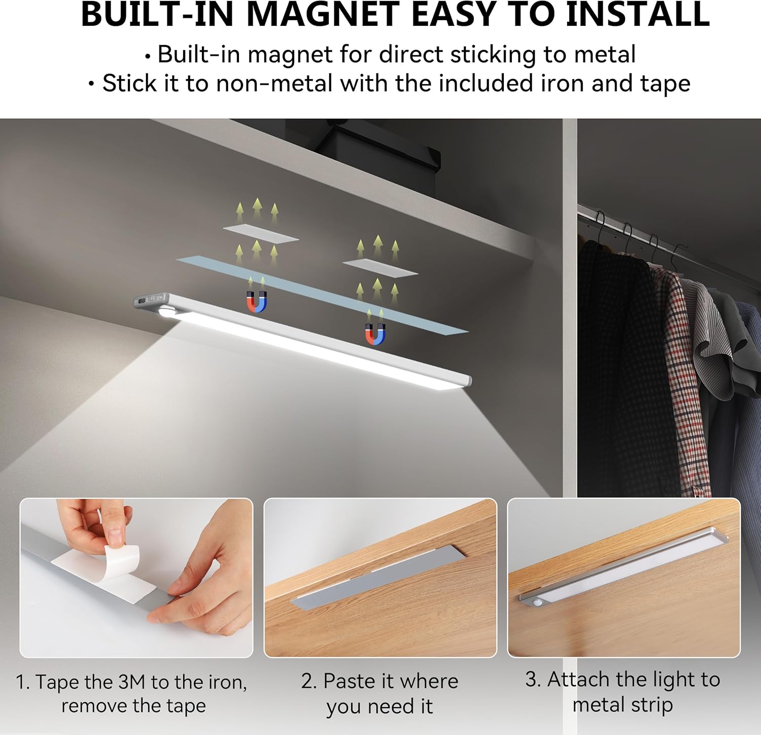 Luz LED para debajo del gabinete, sensor de movimiento brillante para interiores, luz magnética adhesiva, luces debajo de la encimera, carga USB