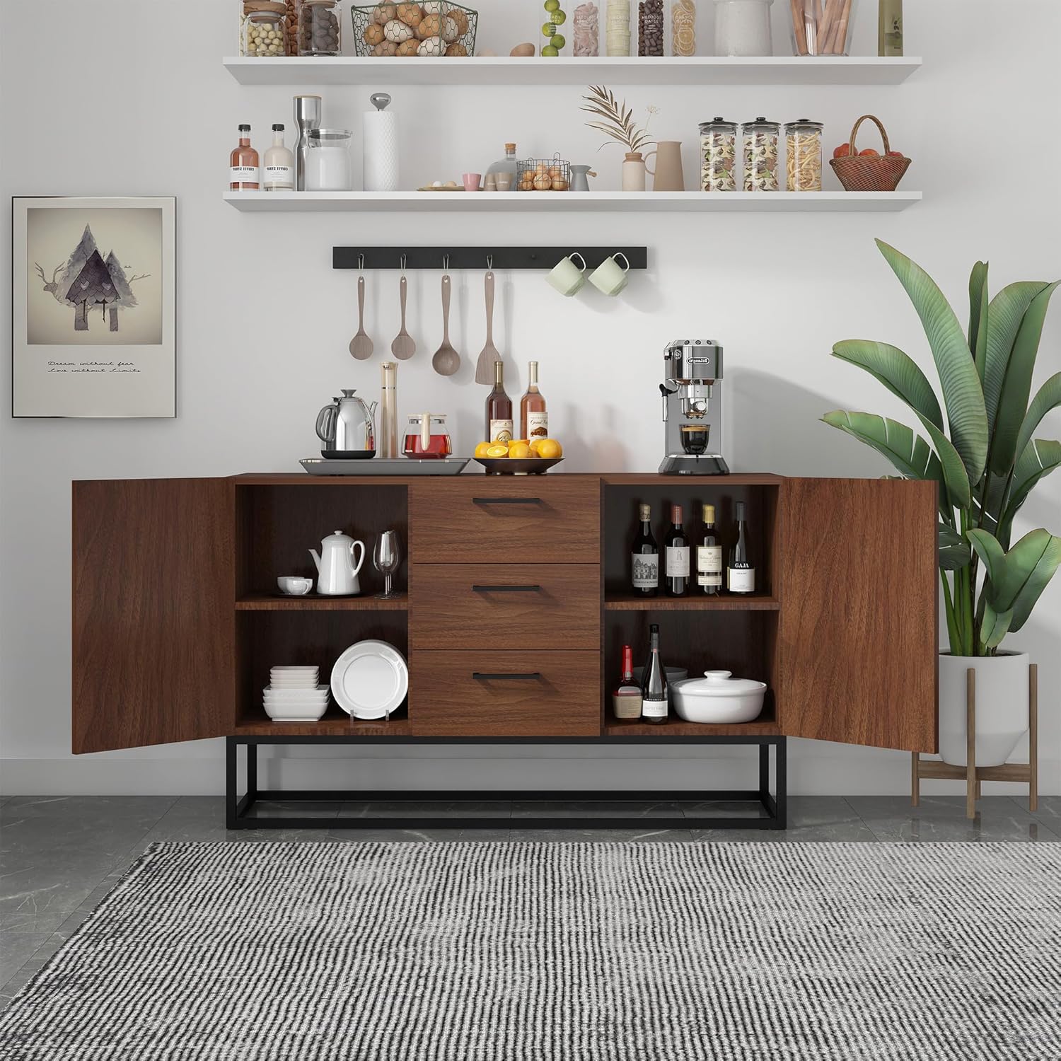 Bonzy Home Aparador buffet con 3 cajones y 2 puertas y estantes ajustables de 47 pulgadas, moderno gabinete de barra de café para sala de estar,