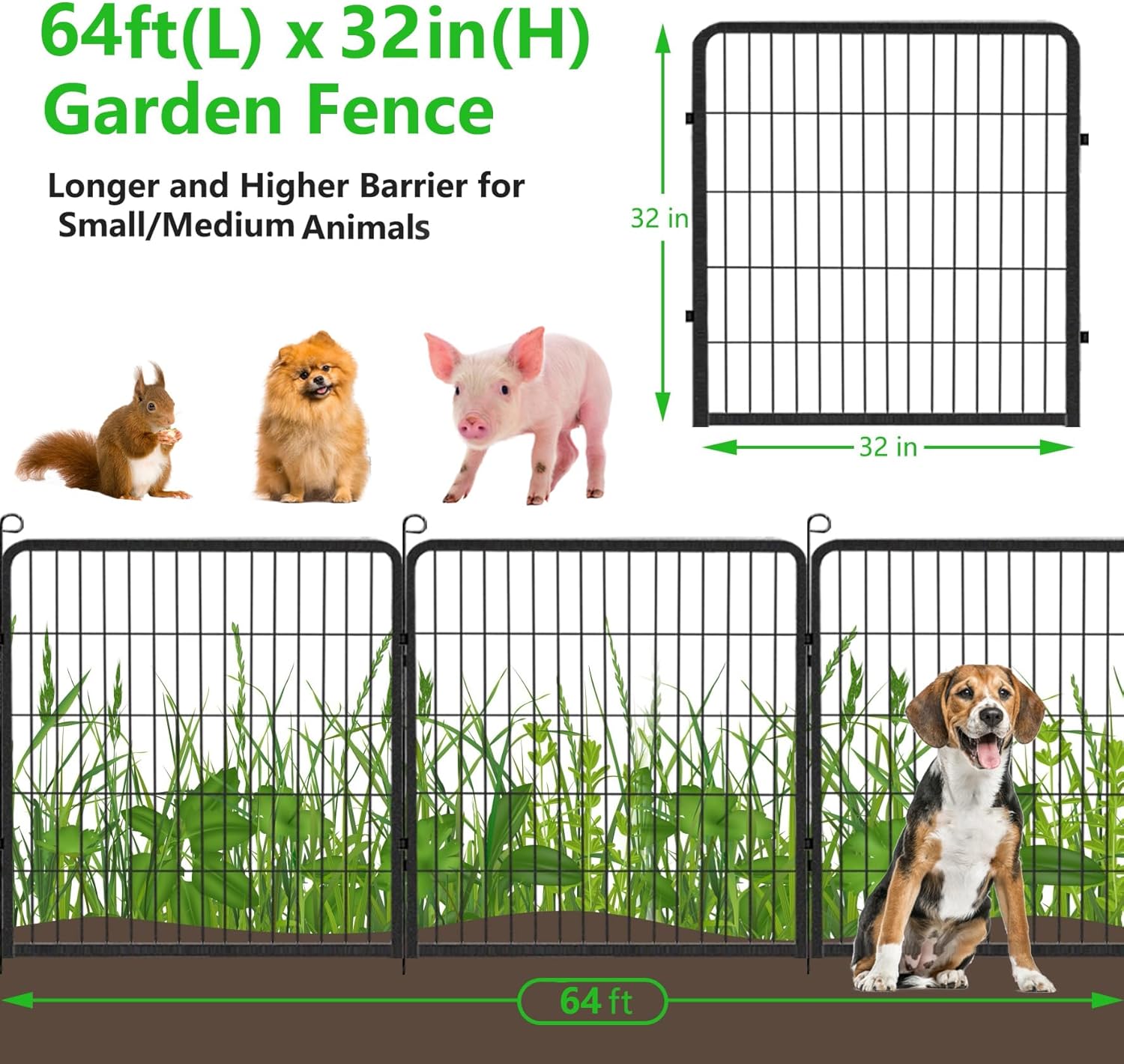 Valla decorativa de metal para jardín con puerta, 32 pulgadas de alto x 64 pies de largo, valla sin excavación, 24 paneles para perros, valla de