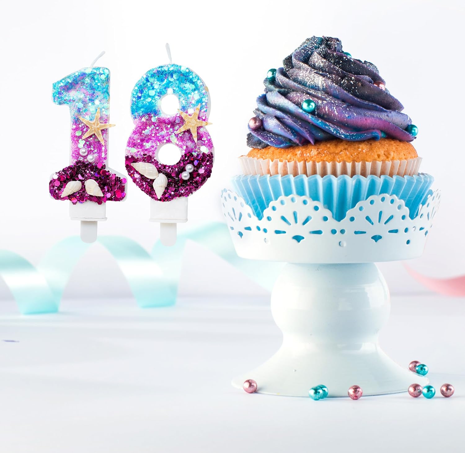Vela número 3, vela de cumpleaños azul y morado para usar como parte de una fiesta bajo el mar o sirena