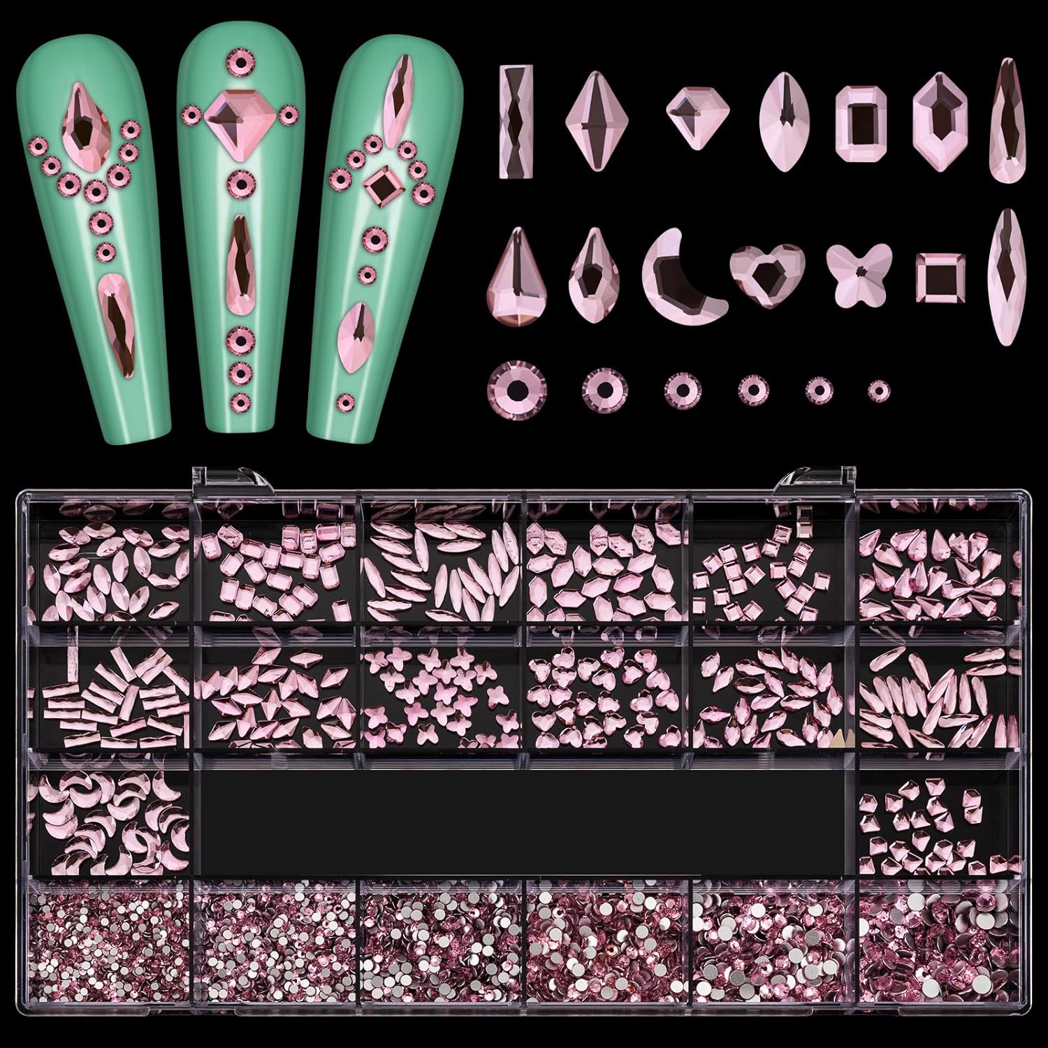 Noverlife Juego de 3830 diamantes de imitación rosados para arte de uñas, multiformas, juego de diamantes de imitación para uñas, kit de piedras