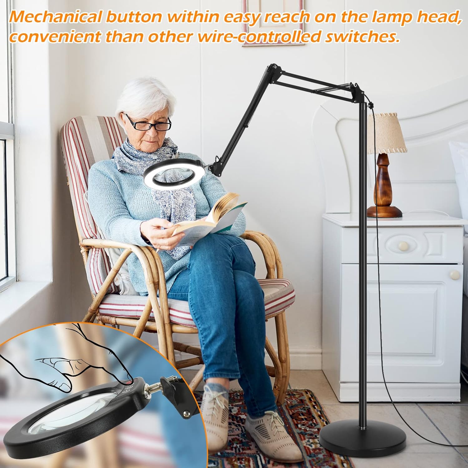 Krstlv – Lupa 8X con luz y soporte, LED 4 en 1, 5 modos de color, lámpara de pie regulable sin escalones, lámpara de pie con brazo oscilante