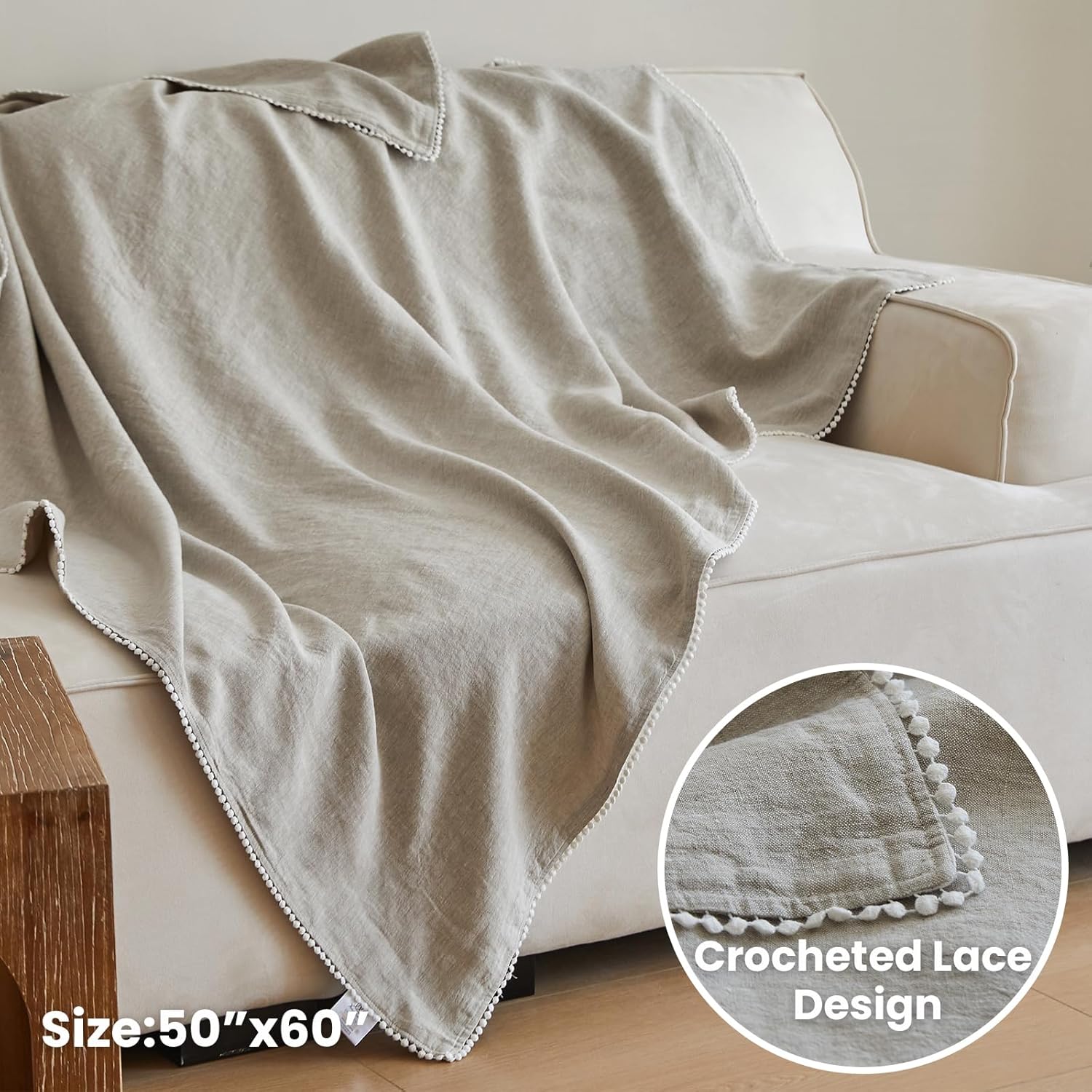King Linens Manta 100% de lino con encaje de ganchillo para sofá, cama, sofá, regalo, lino natural lavado, color liso, suave, transpirable,