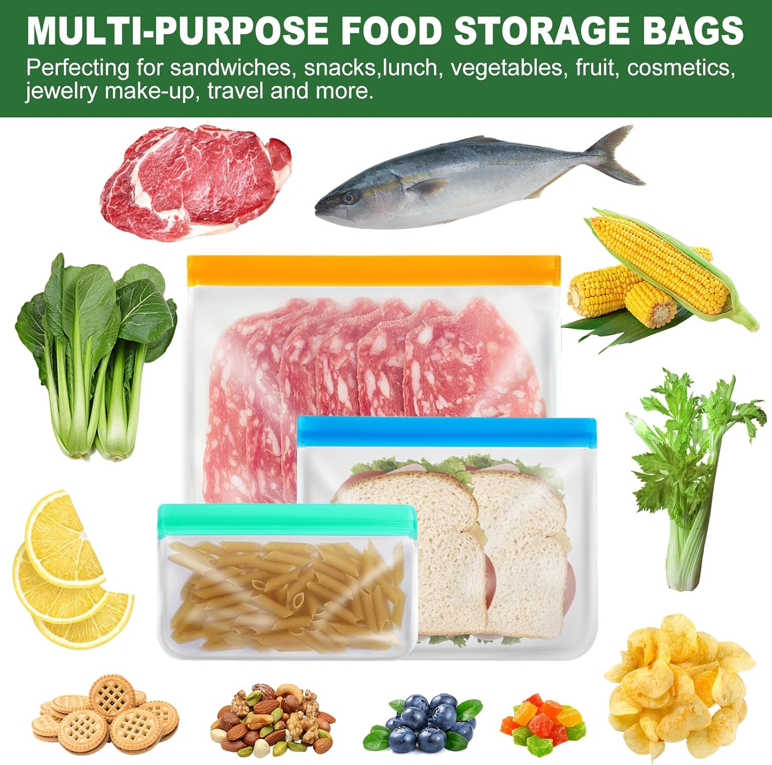 Paquete de 20 bolsas reutilizables con cierre de cremallera, 6 bolsas grandes de almacenamiento de alimentos, bolsas para congelador, 7 bolsas