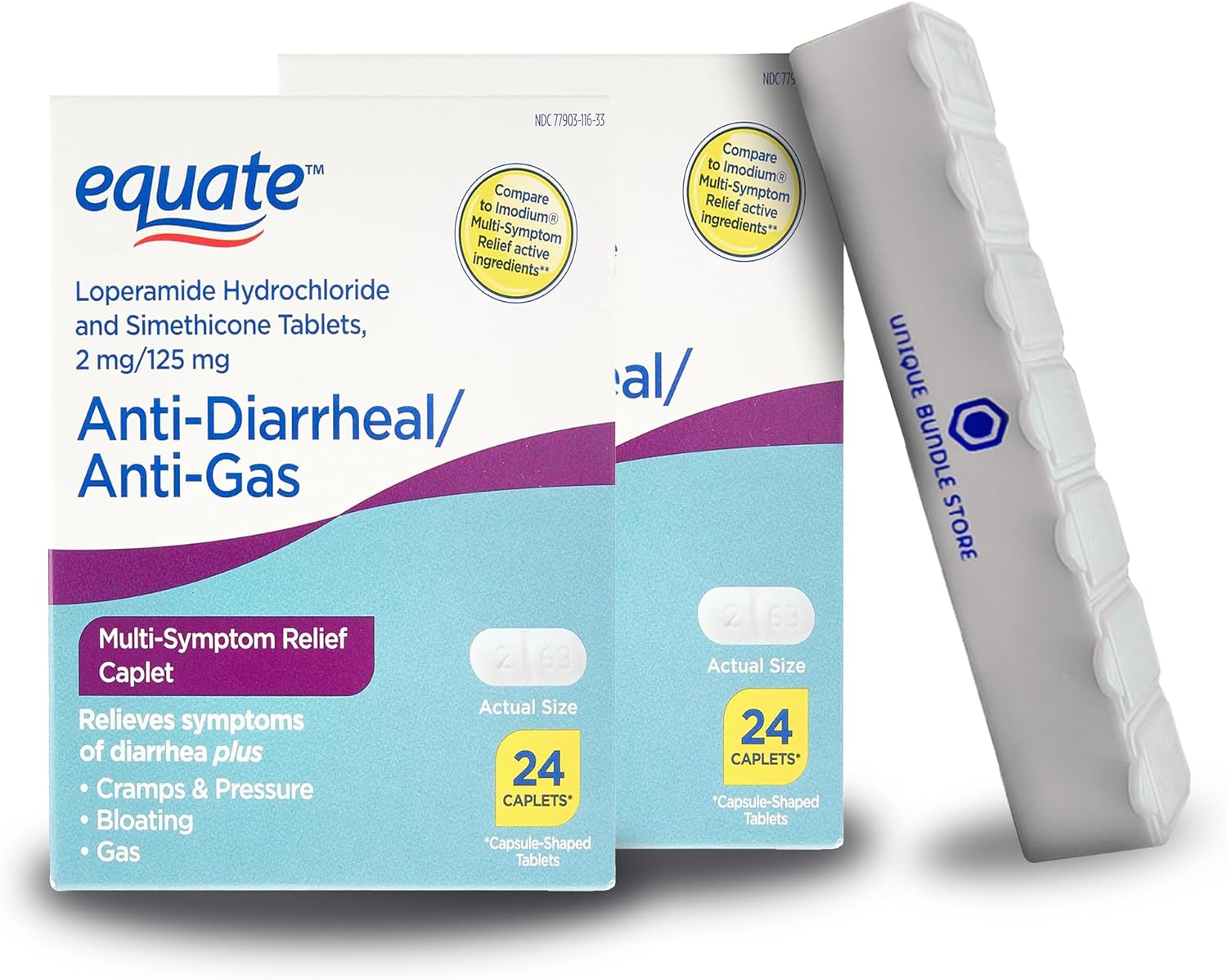 Unique Bundle Store Equate – Clorhidrato de loperamida, cápsulas de 24 unidades, alivio multisíntoma antidiarreico y antigas + organizador de
