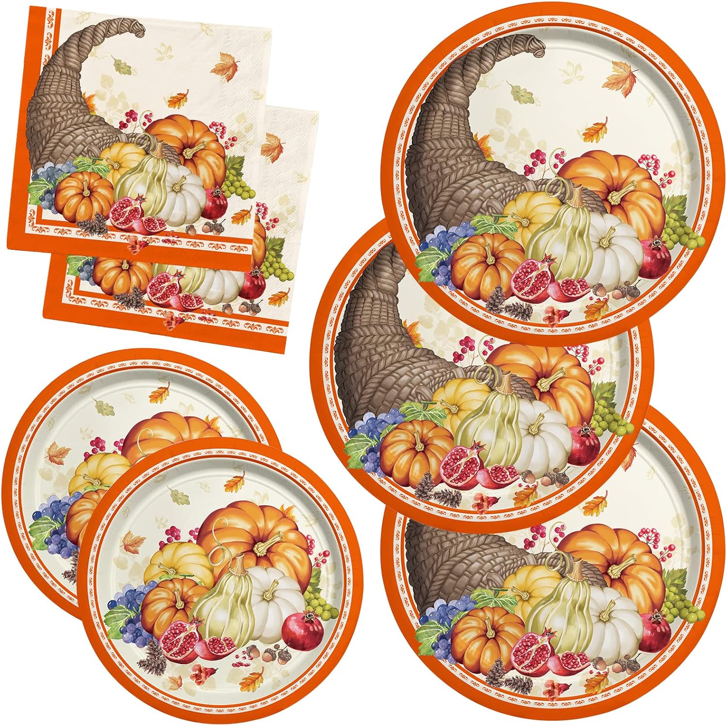 El kit de suministros para fiesta de cosecha de calabaza de otoño incluye platos de papel desechables Cornucopia, platos de postre y servilletas
