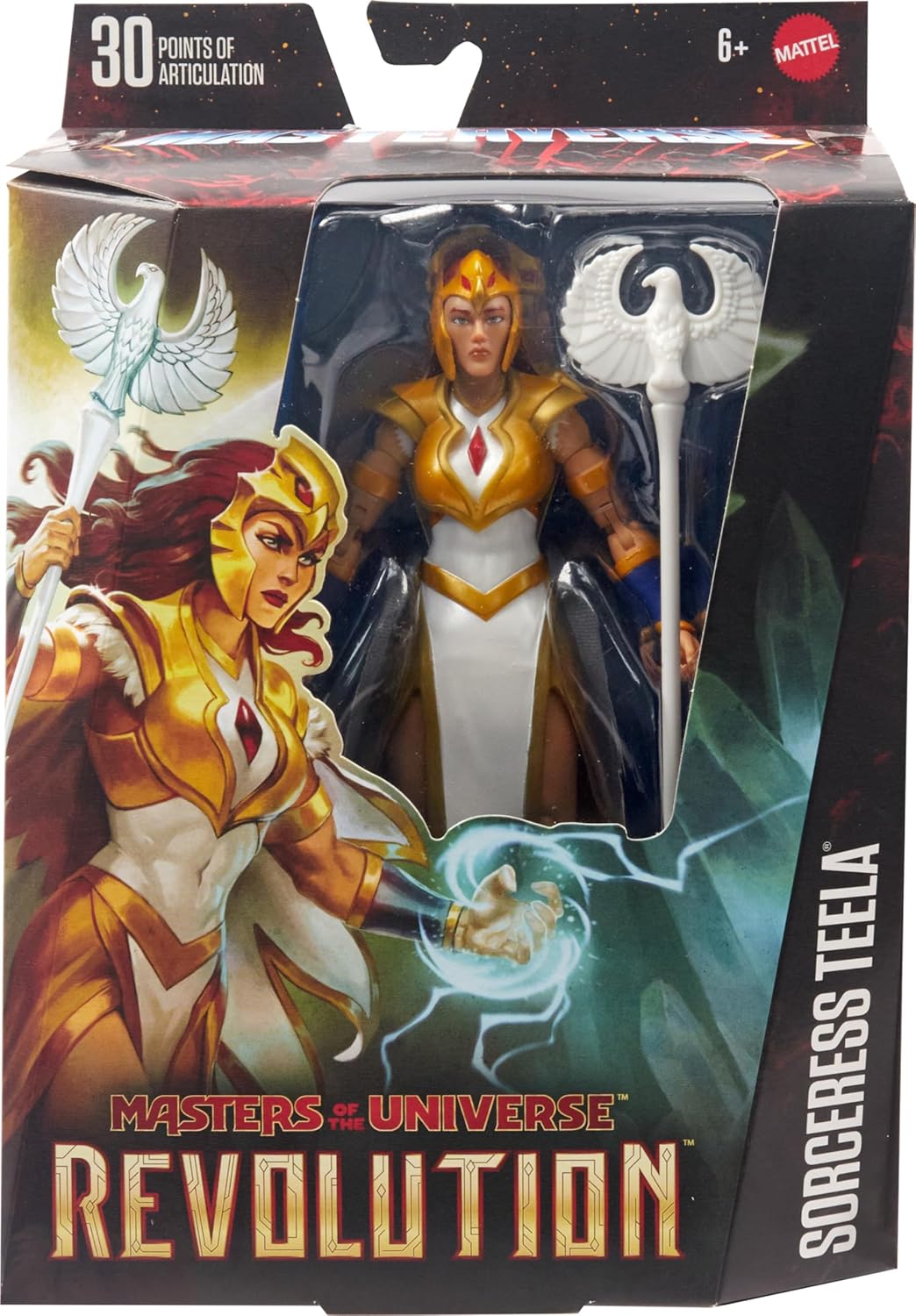 Masters of the Universe Revolution Masterverse Sorceress Teela Figura de acción, coleccionable de lujo con 30 articulaciones, bastón eléctrico y