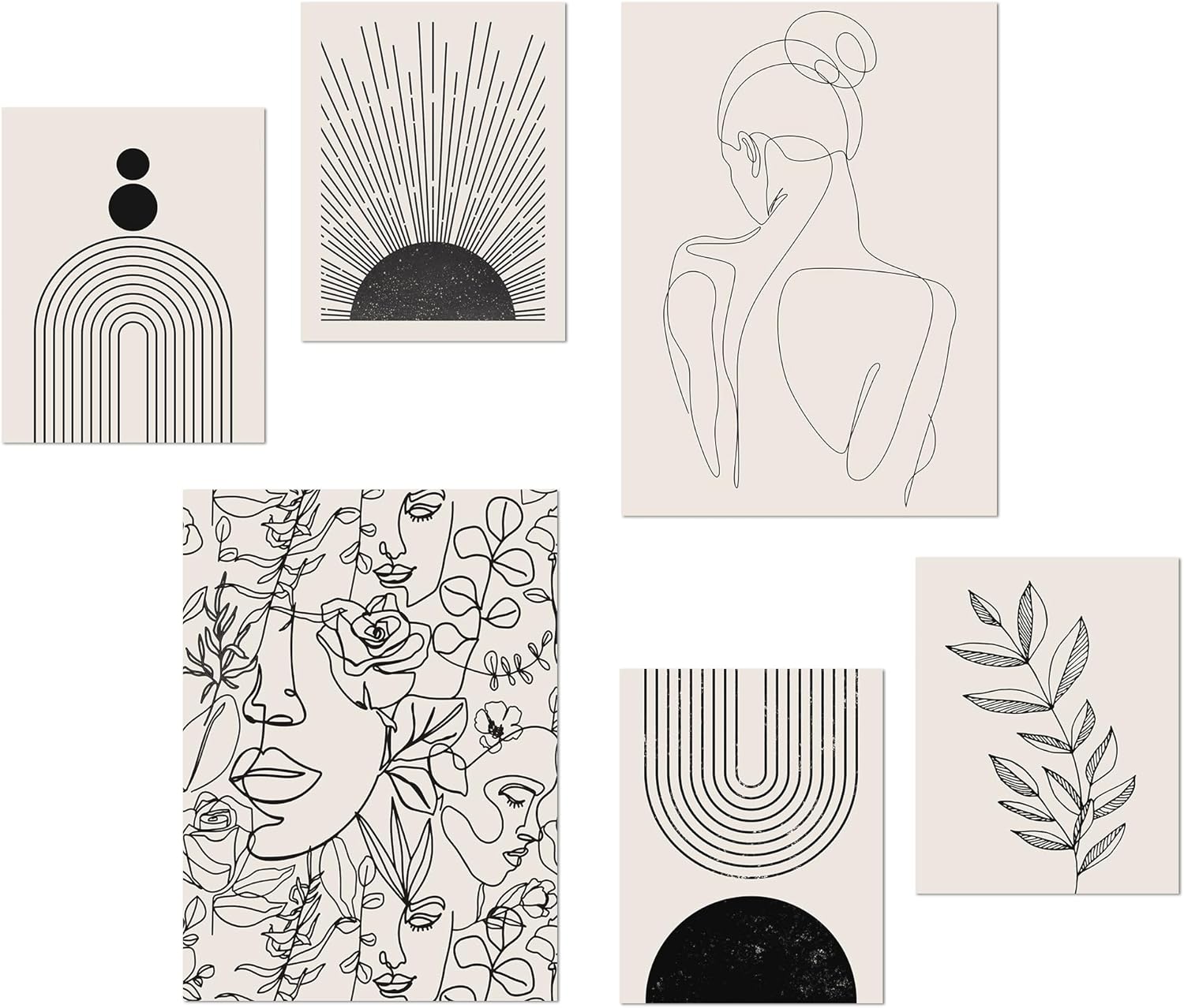 Juego de 6 impresiones artísticas para pared, póster abstracto para exposición, galería minimalista, negro, beige, línea corporal, hoja, bohemio,