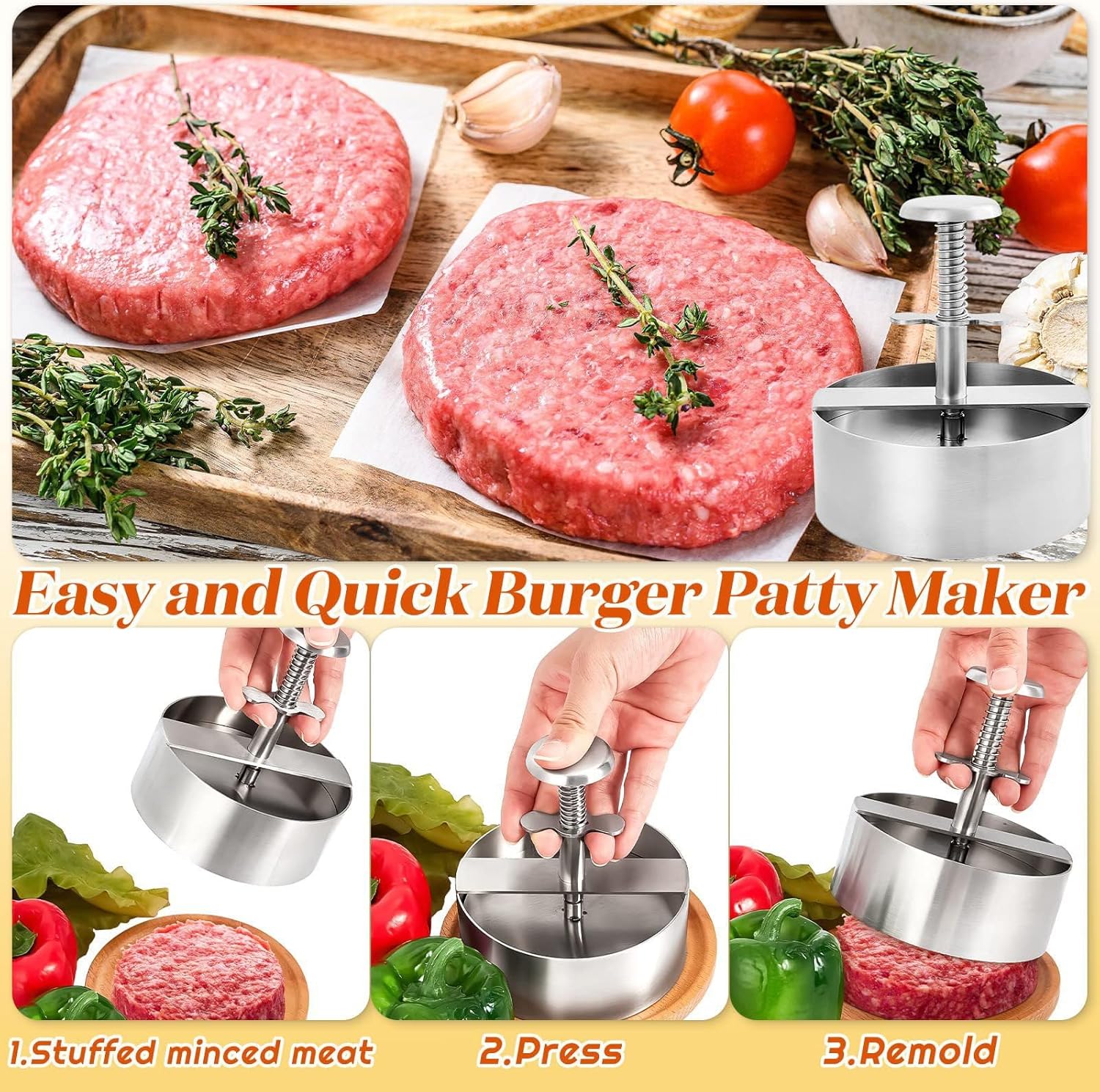 BYTEDREAM Prensa de hamburguesas, molde para hamburguesas de acero inoxidable de grado alimenticio, libre de 100 cortezas de hamburguesas para uso