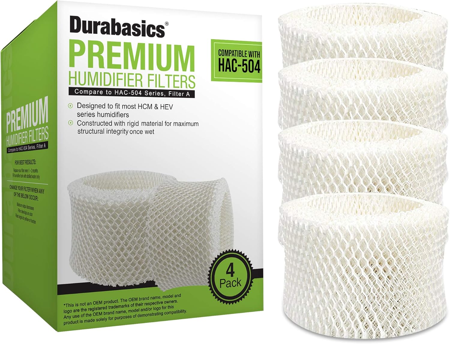 Durabasics Paquete de 4 filtros humidificadores de alta calidad compatibles con el filtro humidificador Honeywell HAC-504, HAC-504AW y Honeywell