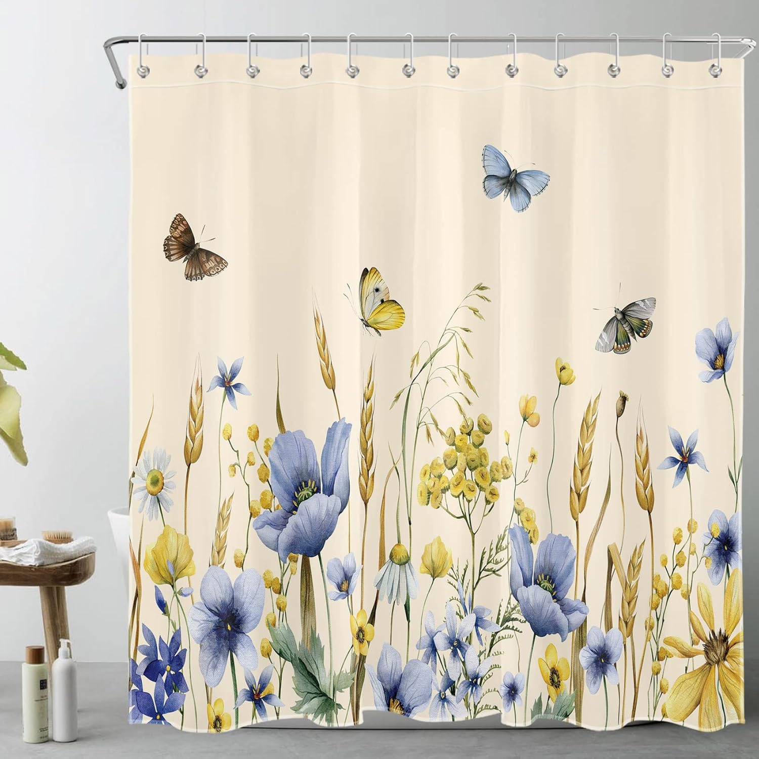 Cortina de ducha rústica con flores silvestres azules y amarillas sobre beige, juego de cortina de ducha para baño, cortina de baño de tela rústica