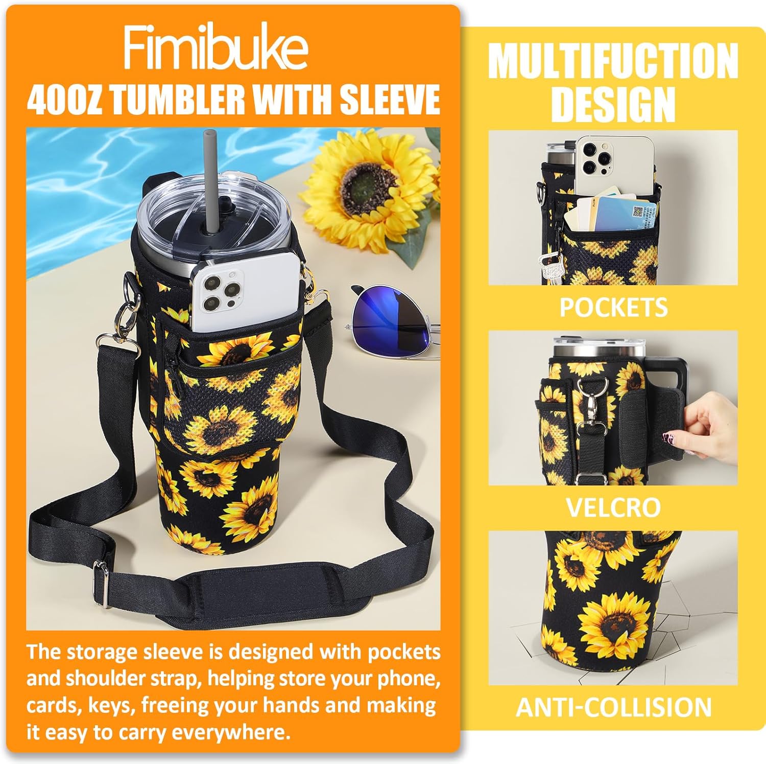 Fimibuke Vaso de 40 onzas con asa y bolsa de transporte, taza aislada de acero inoxidable con tapa, popote y bolsa para bolso, bolsillo para