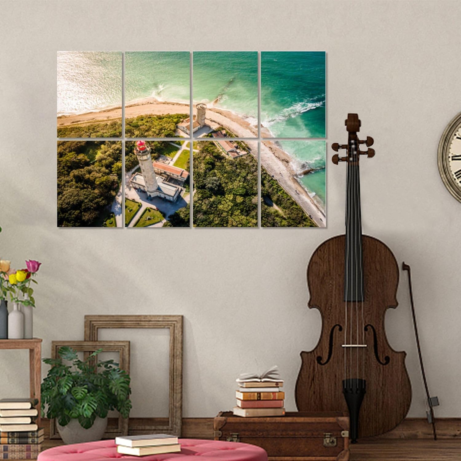 Paneles acústicos artísticos, drone shot Phare Baleines Faro ballenas al atardecer Ile de R island Panel de pared acústico insonorizado con panel