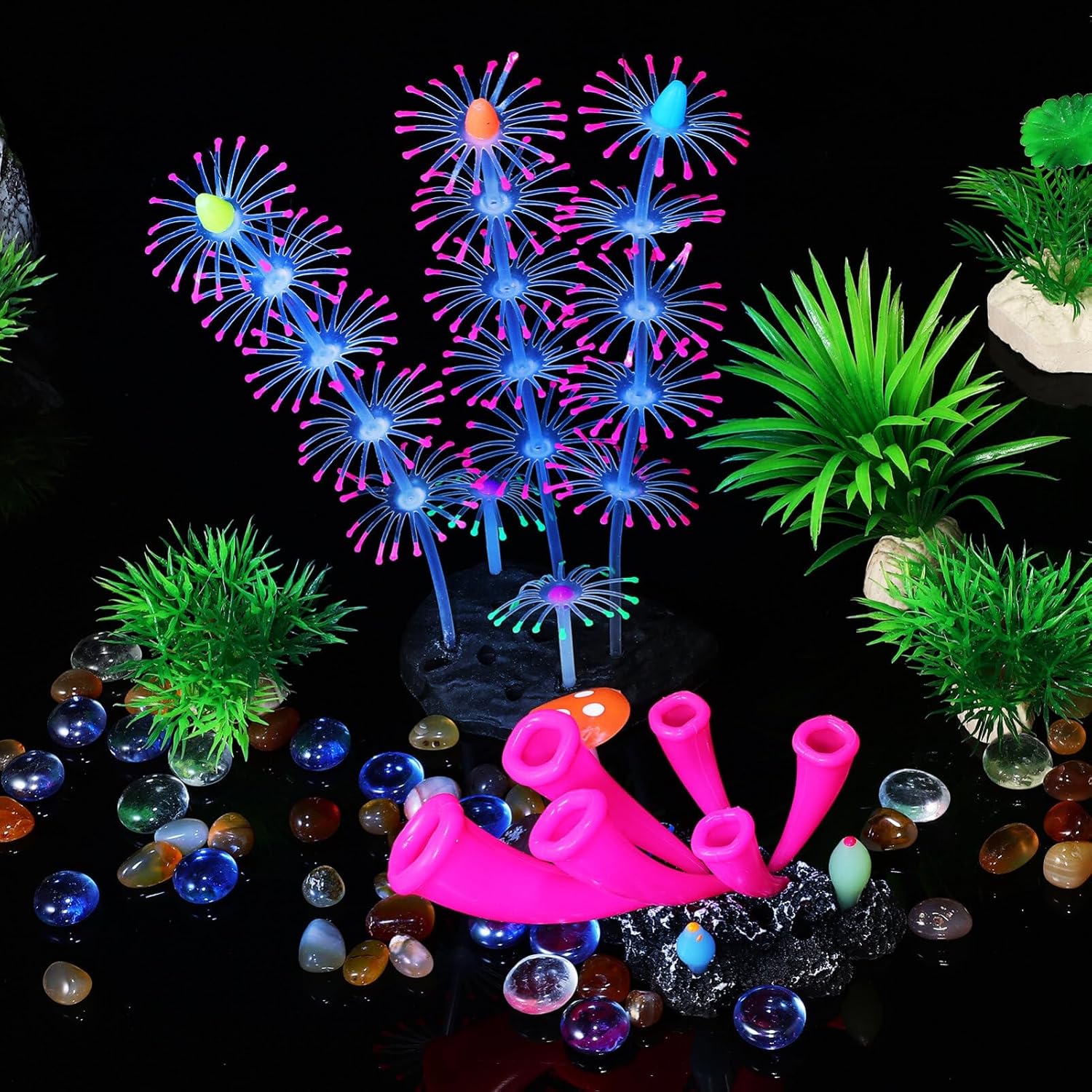 POPETPOP Decoraciones brillantes para pecera, 2 plantas de acuario de simulación de silicona de coral, plantas de acuario, adorno de acuario, planta