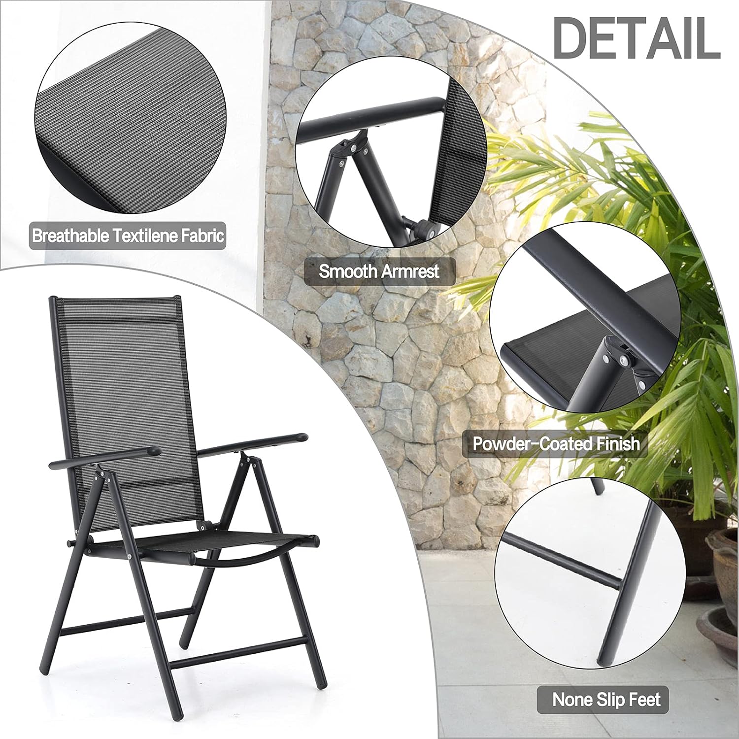 PHI VILLA Juego de 4 sillas plegables de comedor para patio, sillas reclinables y portátiles ajustables para patio, sillas reclinables de aluminio