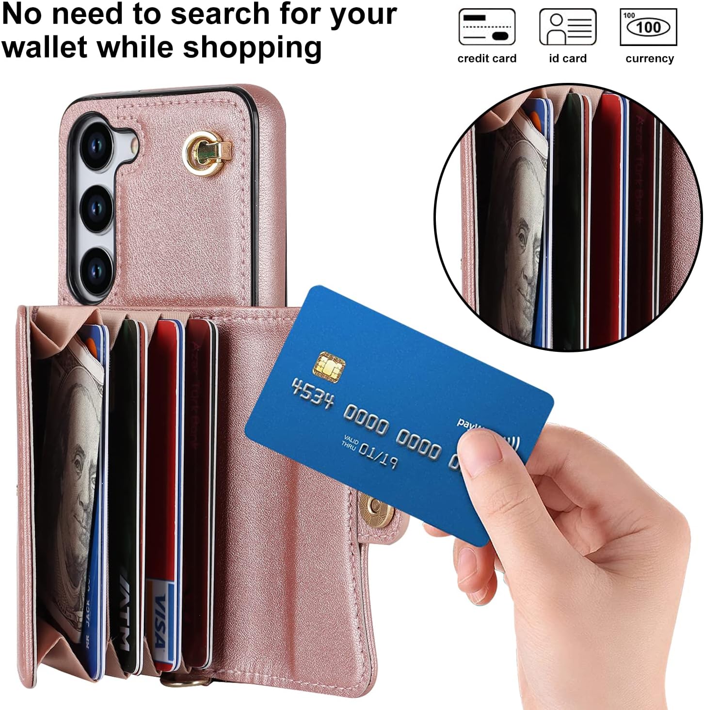 Asuwish Funda para teléfono Samsung Galaxy S23 Plus S23+ 5G Funda tipo cartera con bloqueo RFID, tarjetero y correa cruzada de muñeca, soporte para