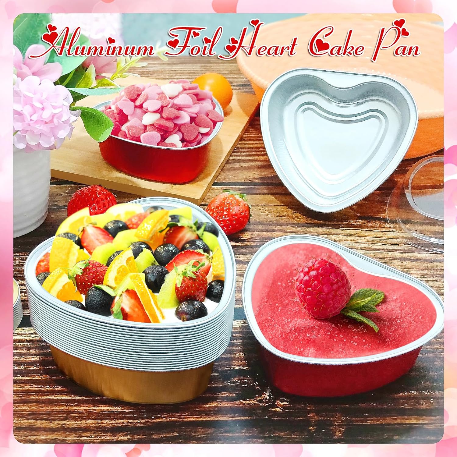 Kidum Juego de 50 sartenes de aluminio en forma de corazón de 6.8 onzas con tapas en forma de corazón, moldes desechables para cupcakes, recipientes