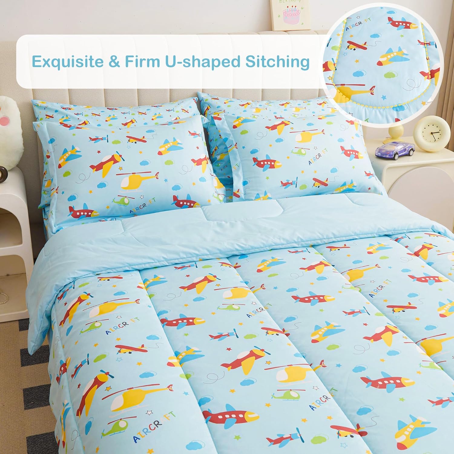 Mooreeke Juego de cama en una bolsa para niños y adolescentes, juego de cama de 5 piezas con estampado de aviones de tamaño individual con fundas,