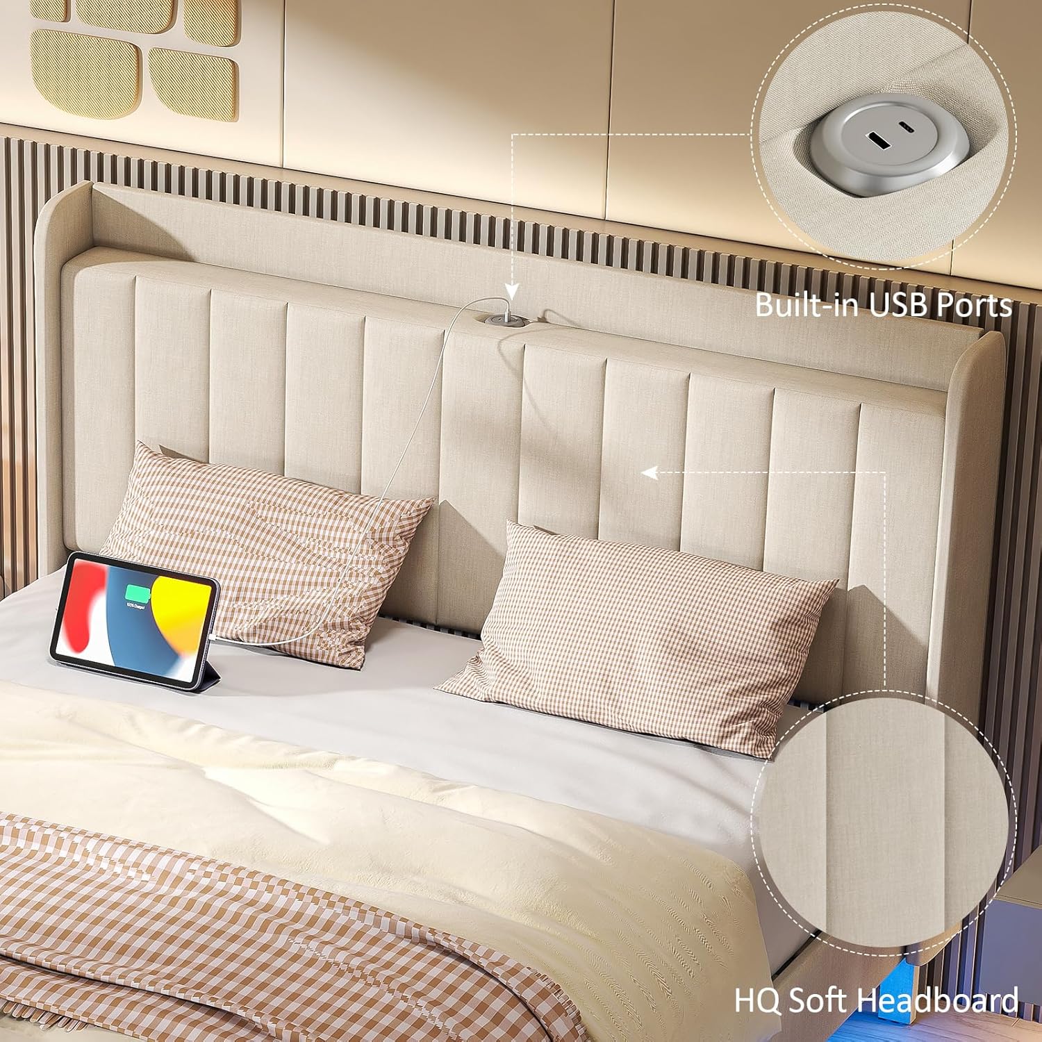 Saudism Marco de cama tapizado tamaño Queen, marco de cama flotante con cabecera de almacenamiento con respaldo de ala, puertos tipo C y USB, luces