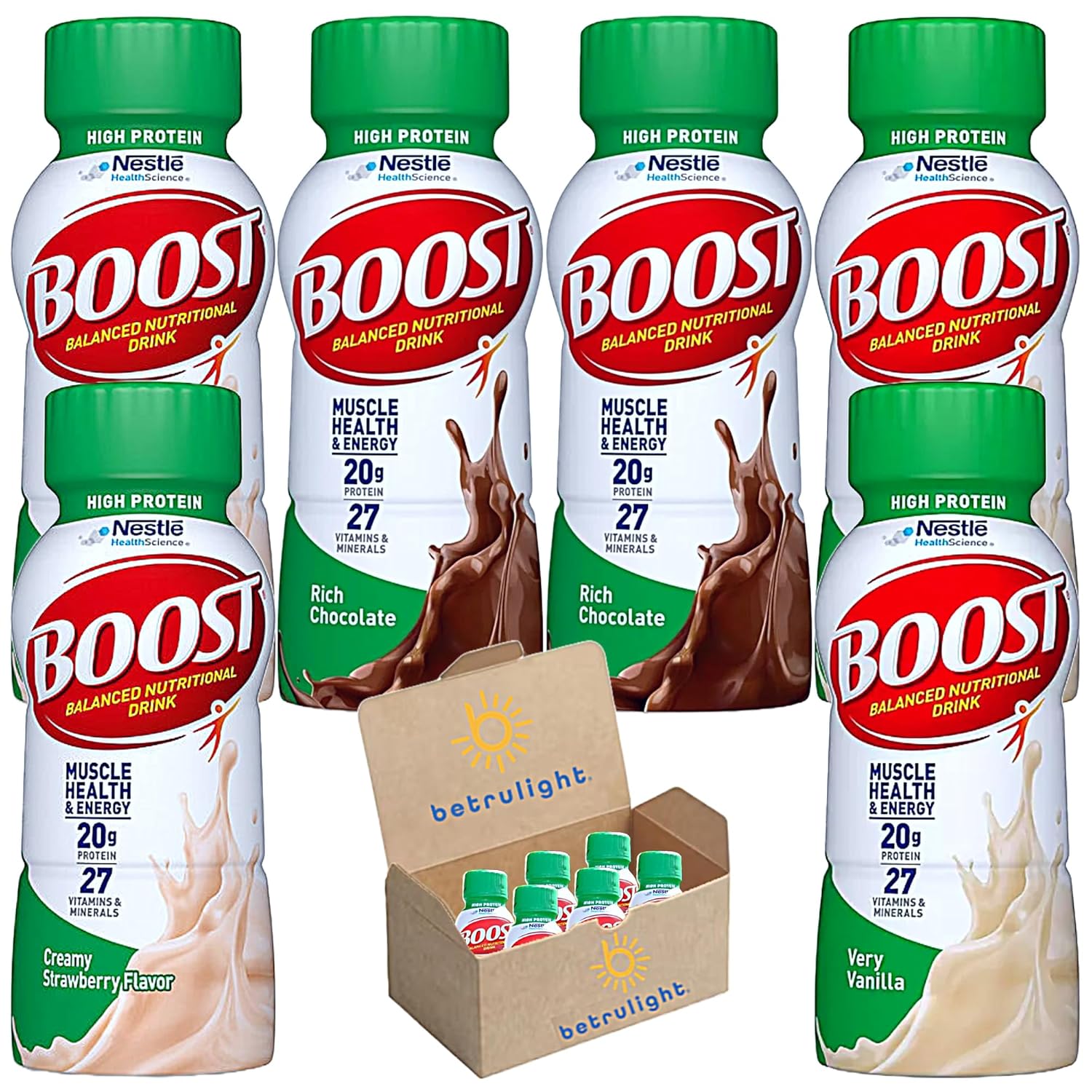 Boost Balanced – Variedad de batidos nutricionales  Alto en proteínas  Sabores de chocolate, fresa, vainilla  0.71 onzas de proteína, 27 vitaminas y