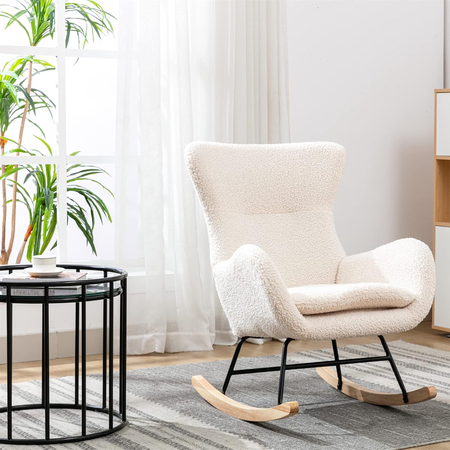 Silla mecedora de tela de peluche, asiento acolchado con respaldo alto y reposabrazos, sillón acogedor, sofá individual, mecedora para sala de