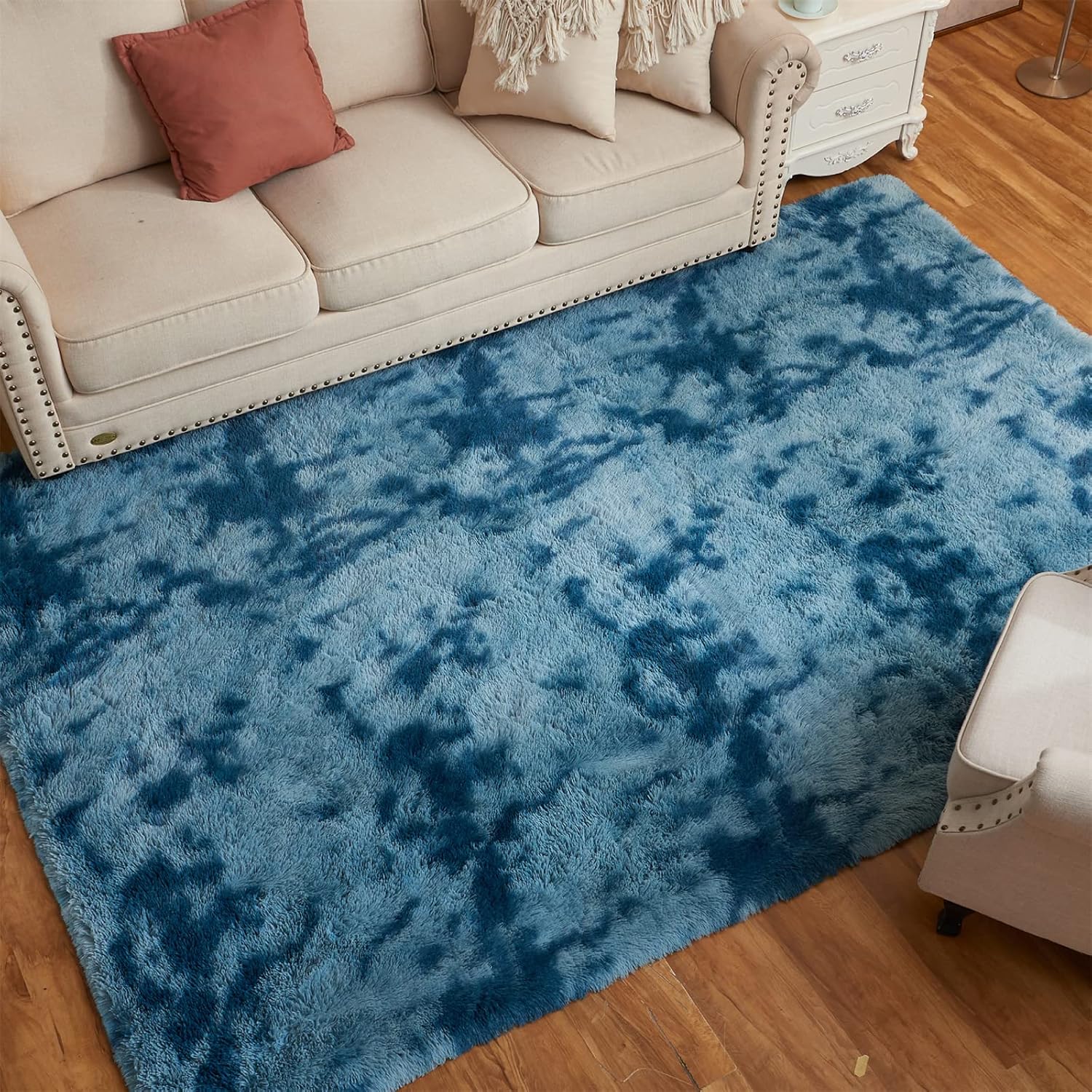 Arbosofe Alfombras de área para sala de estar, dormitorio, 5 x 8 pies, teñido anudado, azul, esponjoso, peludo, alfombra pequeña de felpa suave,