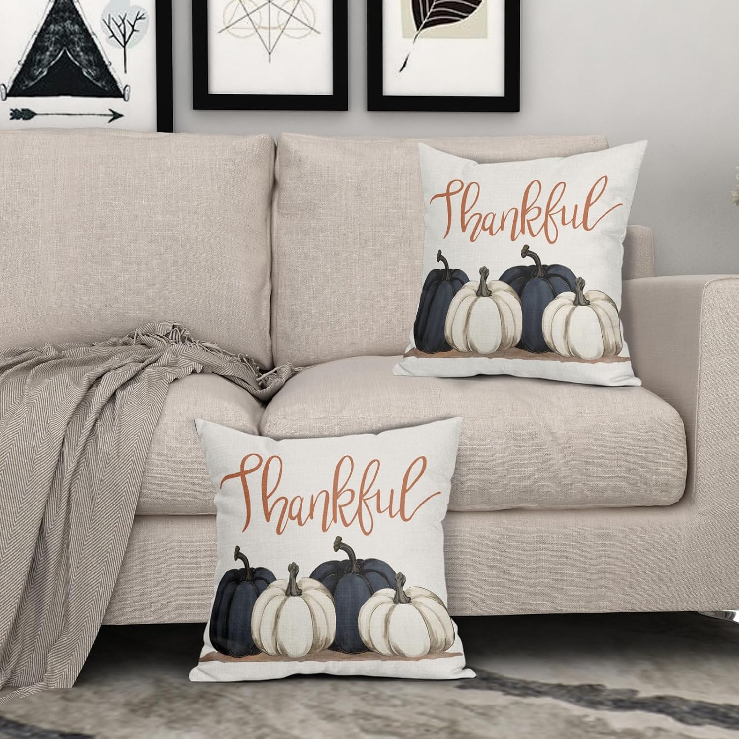 Kawani Juego de 2 fundas de almohada de calabazas azules y blancas de 18 x 18 pulgadas, juego de 2 fundas de almohada de otoño de Acción de Gracias,