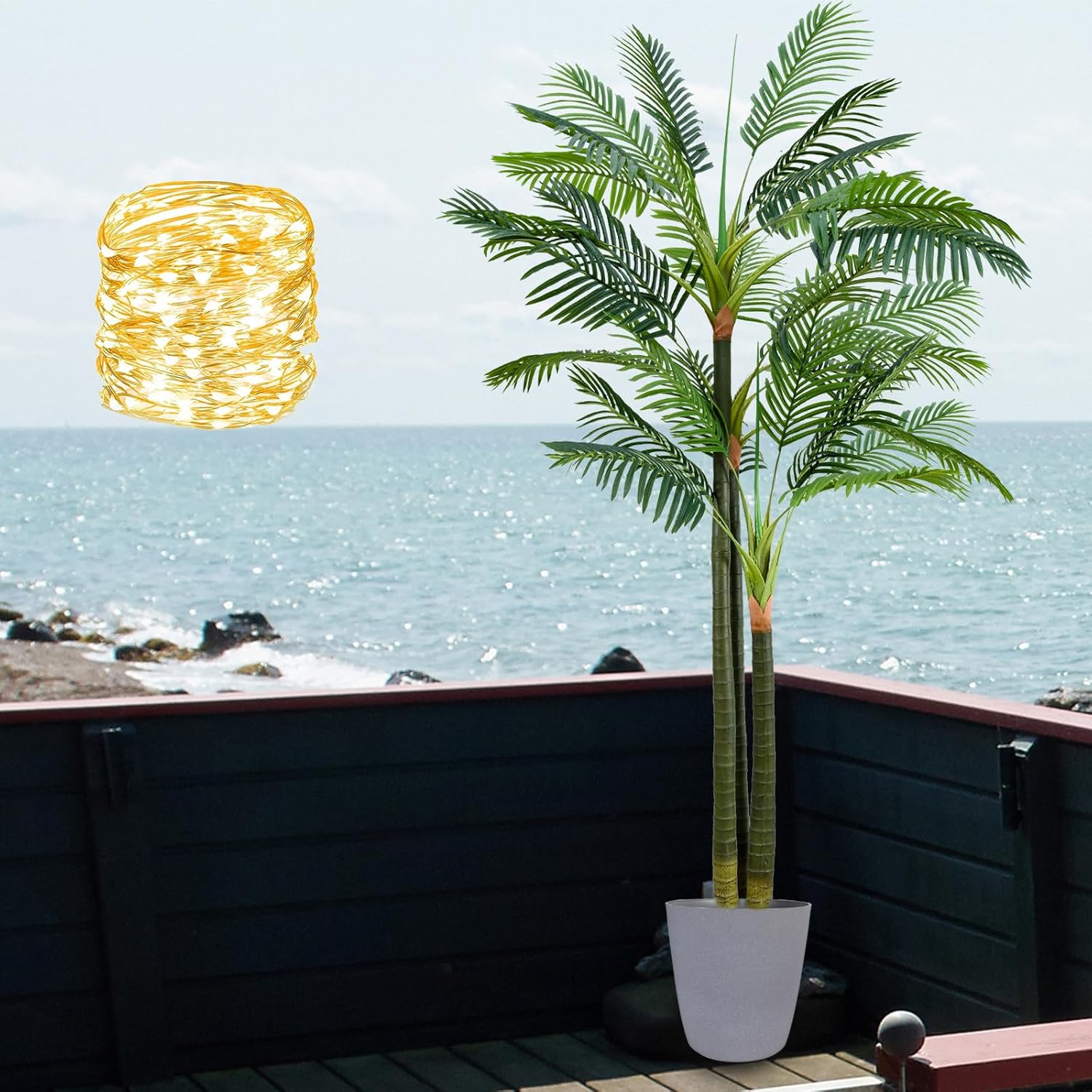 Palmera artificial de 8.5 pies para interiores, palmeras artificiales, casi naturales, palmeras artificiales con luz LED, palmeras artificiales al