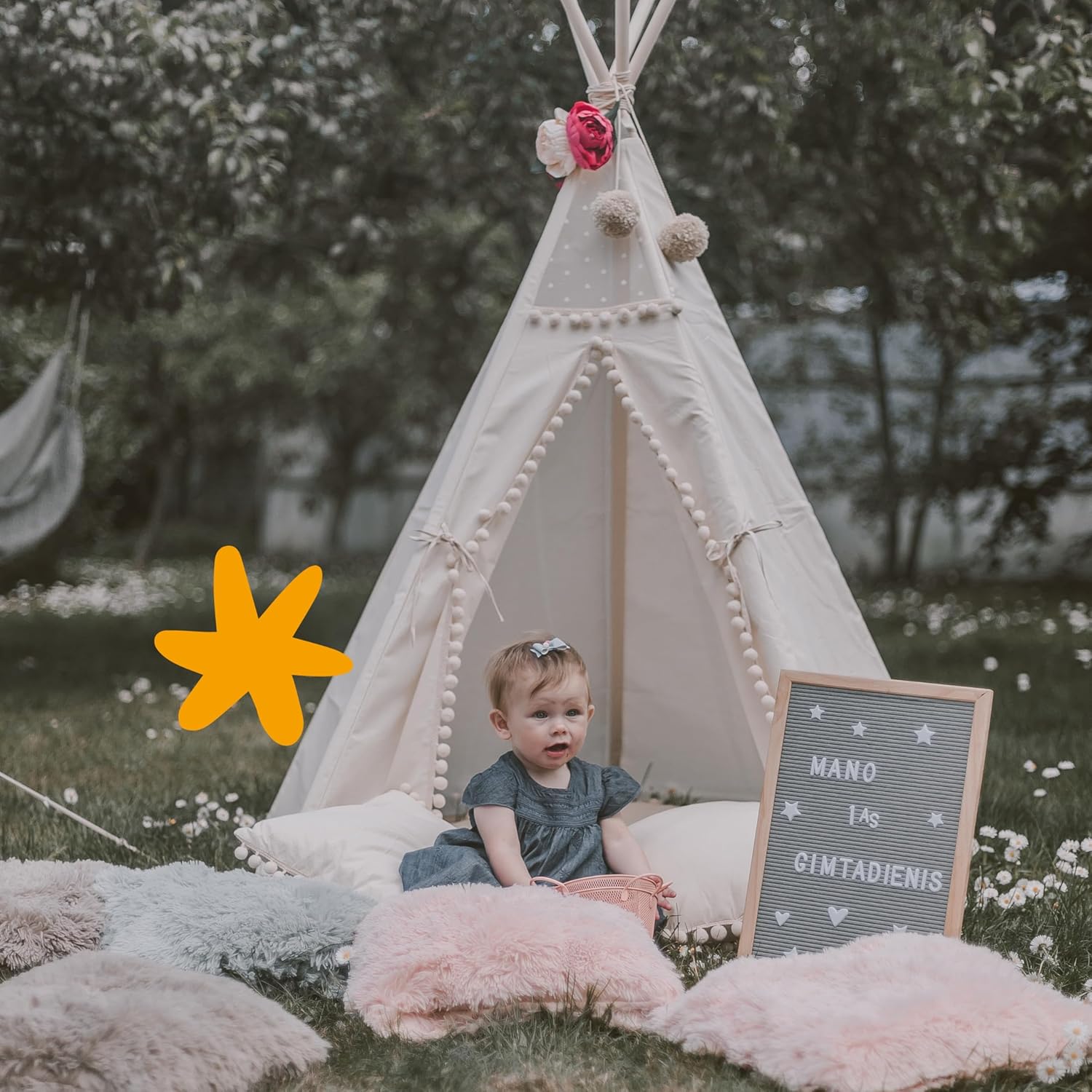 MINICAMP Tienda de campaña tipi original para niños, hecha a mano de lona natural y casa de juegos de madera para niños y niños, tienda de campaña