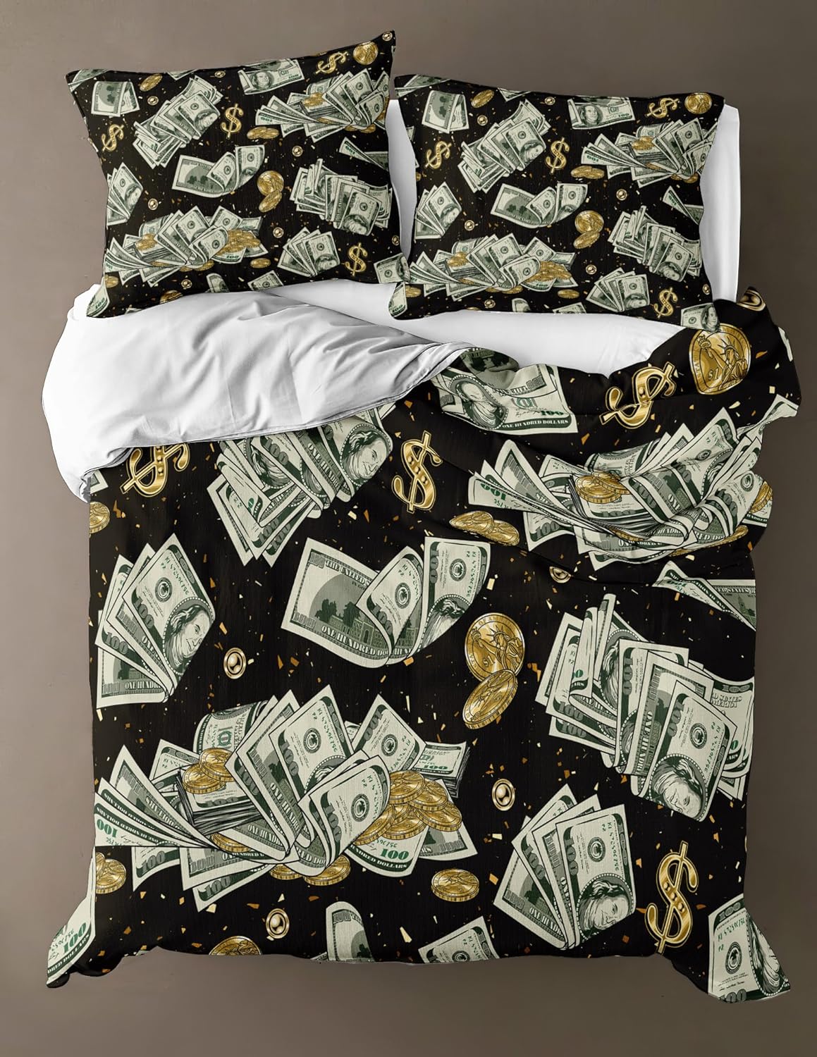 Merryword Juego de funda de edredón de lujo, tamaño King, juego de cama de billetes de dólar, patrón de monedas doradas abstractas, ropa de cama de