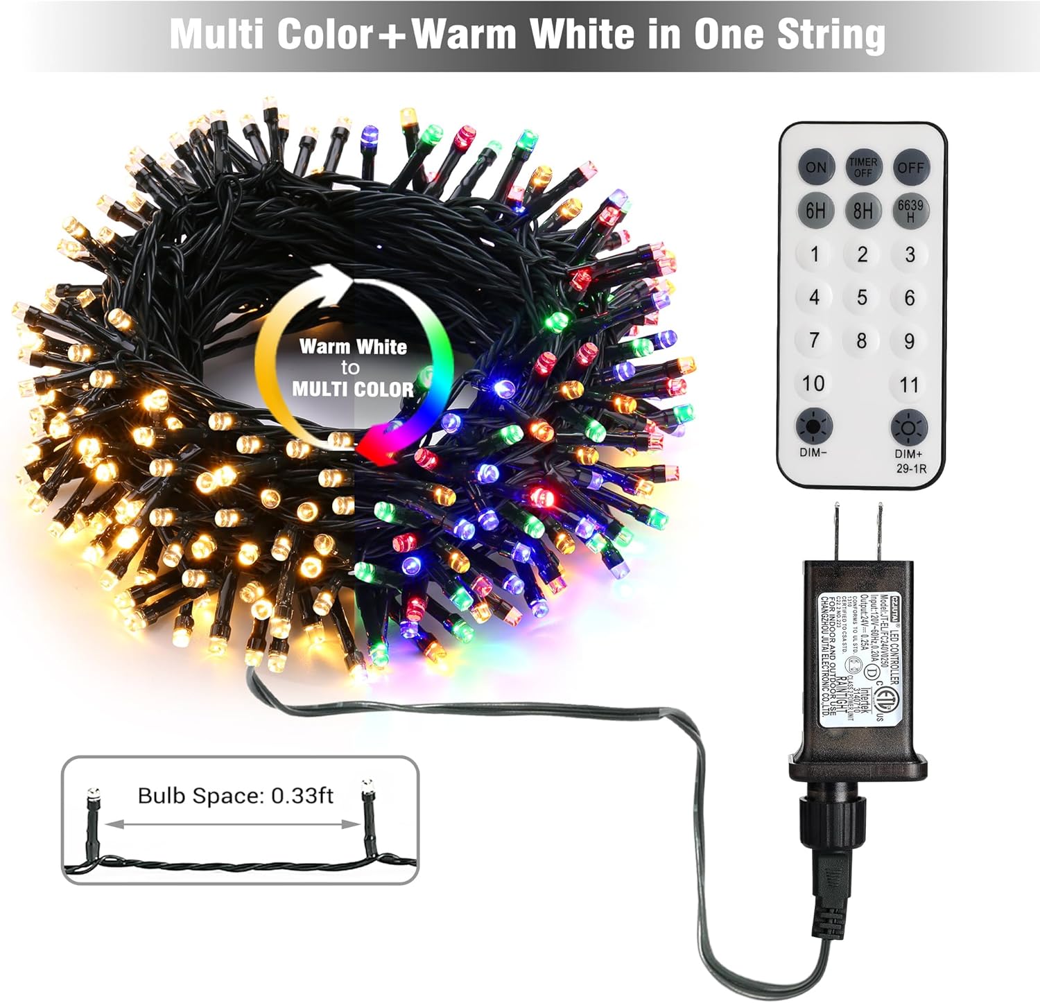 BrizLabs – Luces de Navidad, tono blanco cálido y multicolor, 180 pies, 500 LED que cambian de color, 11 modos de iluminación, control remoto,