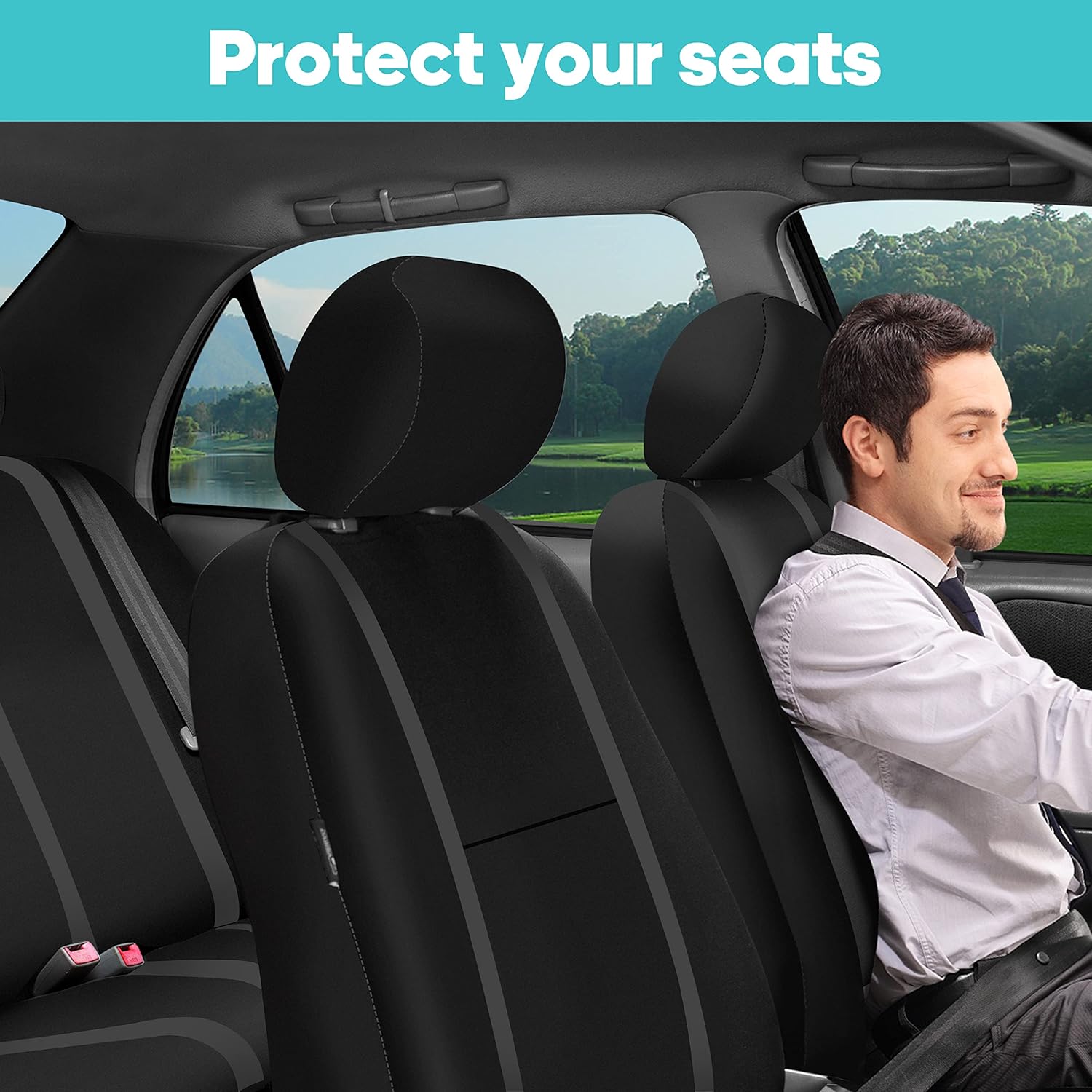 FH Group – Juego completo de fundas de asiento de automóvil, de tela negra, ajuste universal, de asiento delantero de respaldo bajo y de asiento