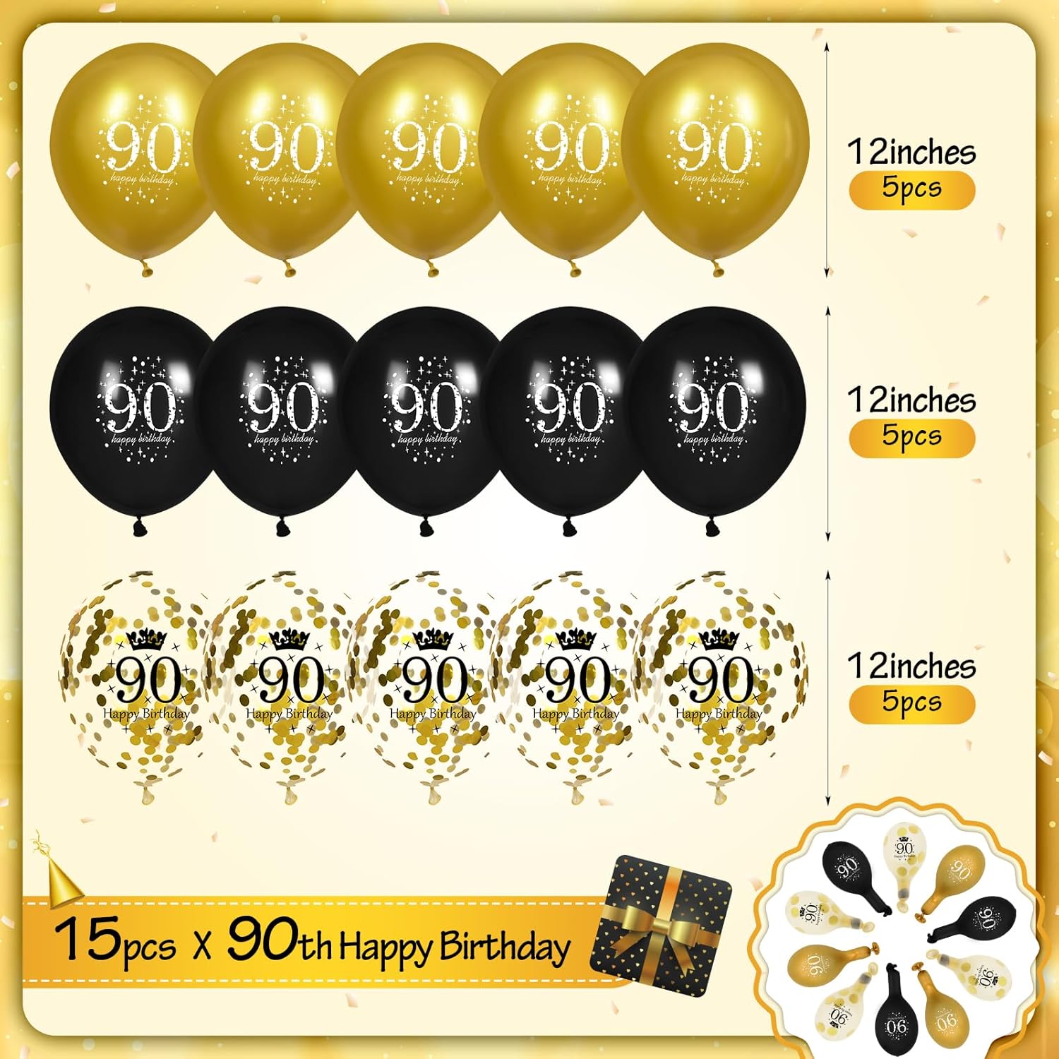 Globos de cumpleaños de 90 años para hombres, 15 globos de feliz cumpleaños de 90 años, globos negros y dorados para decoración de fiesta de