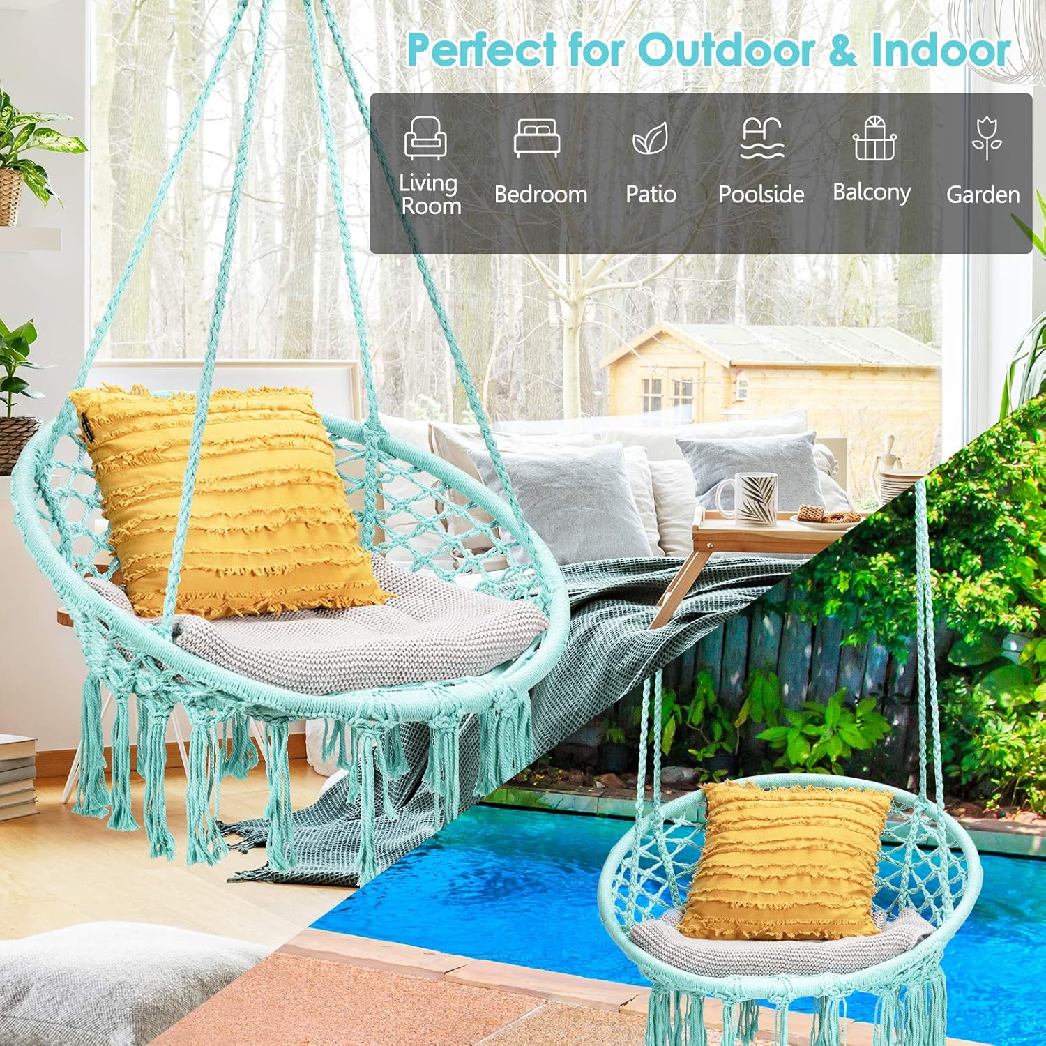 Tangkula Silla hamaca colgante, silla columpio de macramé con borlas y anillos colgantes de alta resistencia, estilo bohemio hecho a mano con cuerda