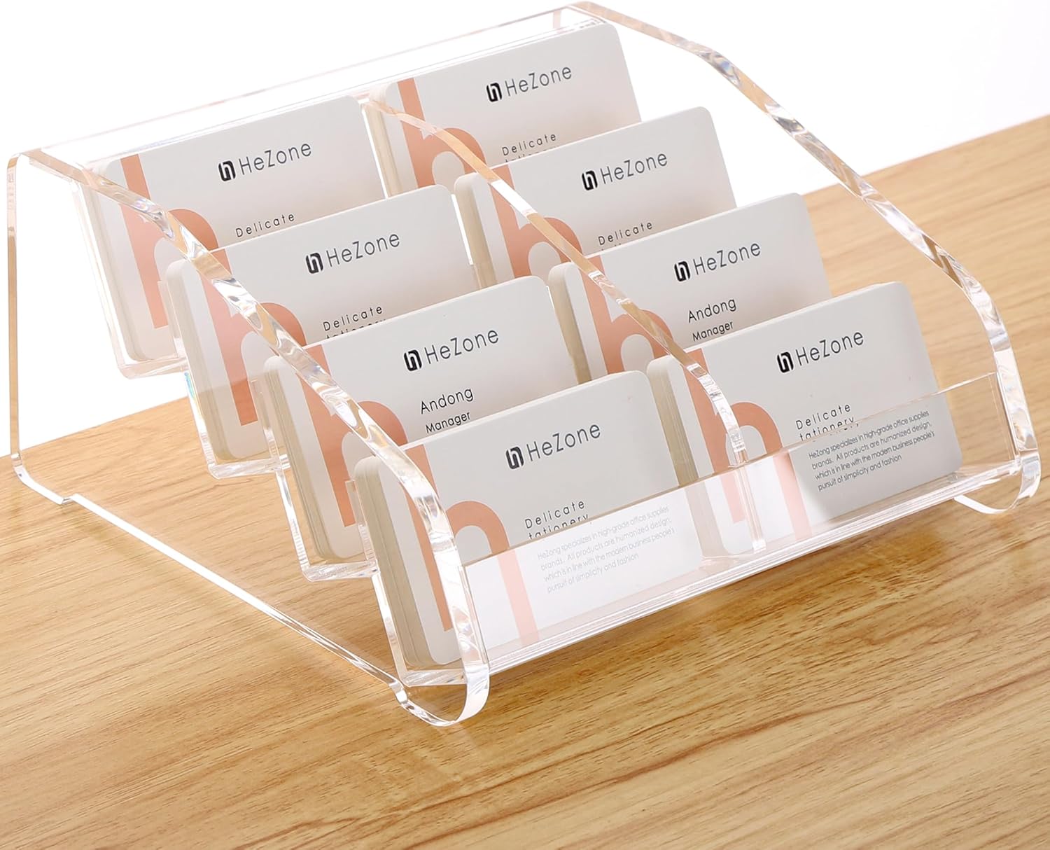 HeZone Soporte para tarjetas de visita para escritorio, soporte para tarjetas de acrílico transparente, múltiples 8 ranuras, 4 niveles, soporte para