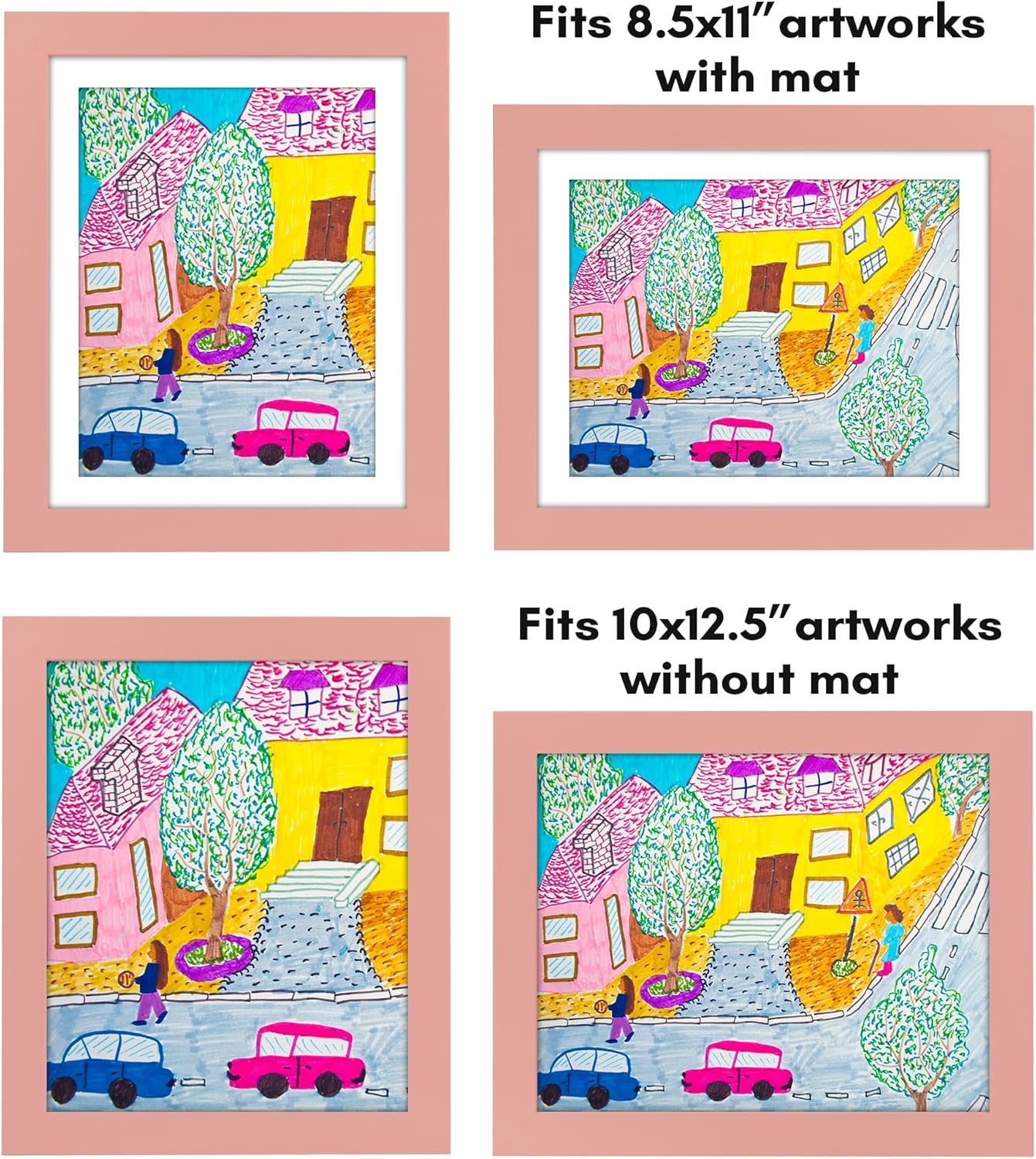 Americanflat Marco para obras de arte infantiles, carga frontal, rosa melocotón, 8.5 x 11 pulgadas con paspartú o 10 x 12.5 sin él, formato de
