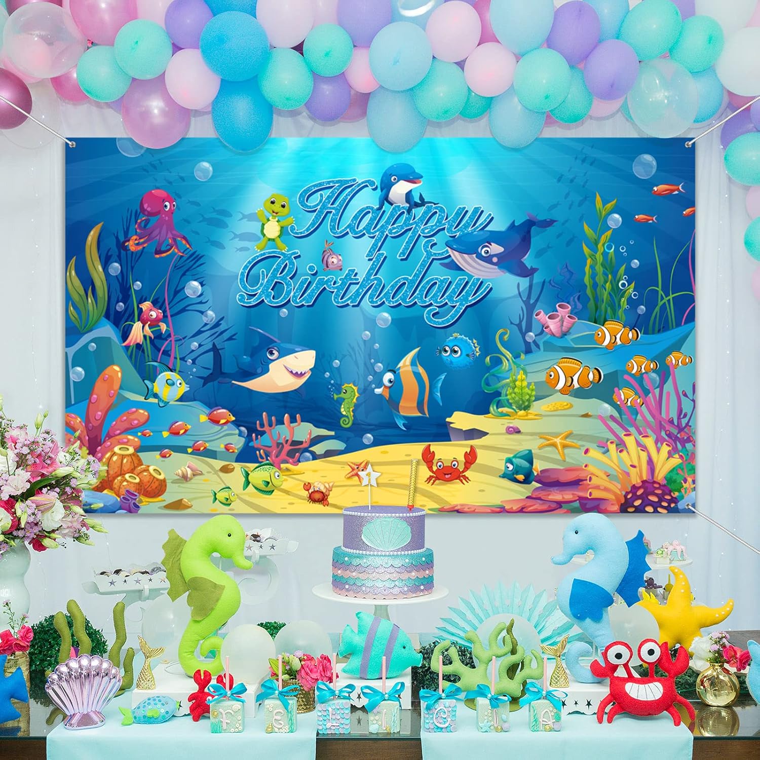 Fondo de fondo marino con temática de animales del océano, decoración de cumpleaños con temática de fondo para fotografía de cumpleaños para niños,