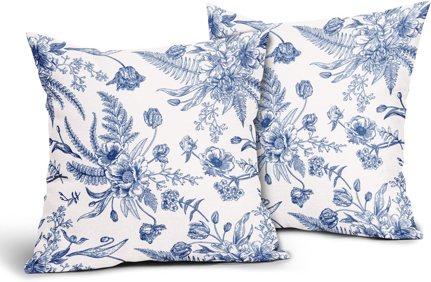 Juego de 2 fundas de almohada de flores azules de 18 x 18 pulgadas, color blanco y azul, fundas de almohada de lino decorativas para exteriores,