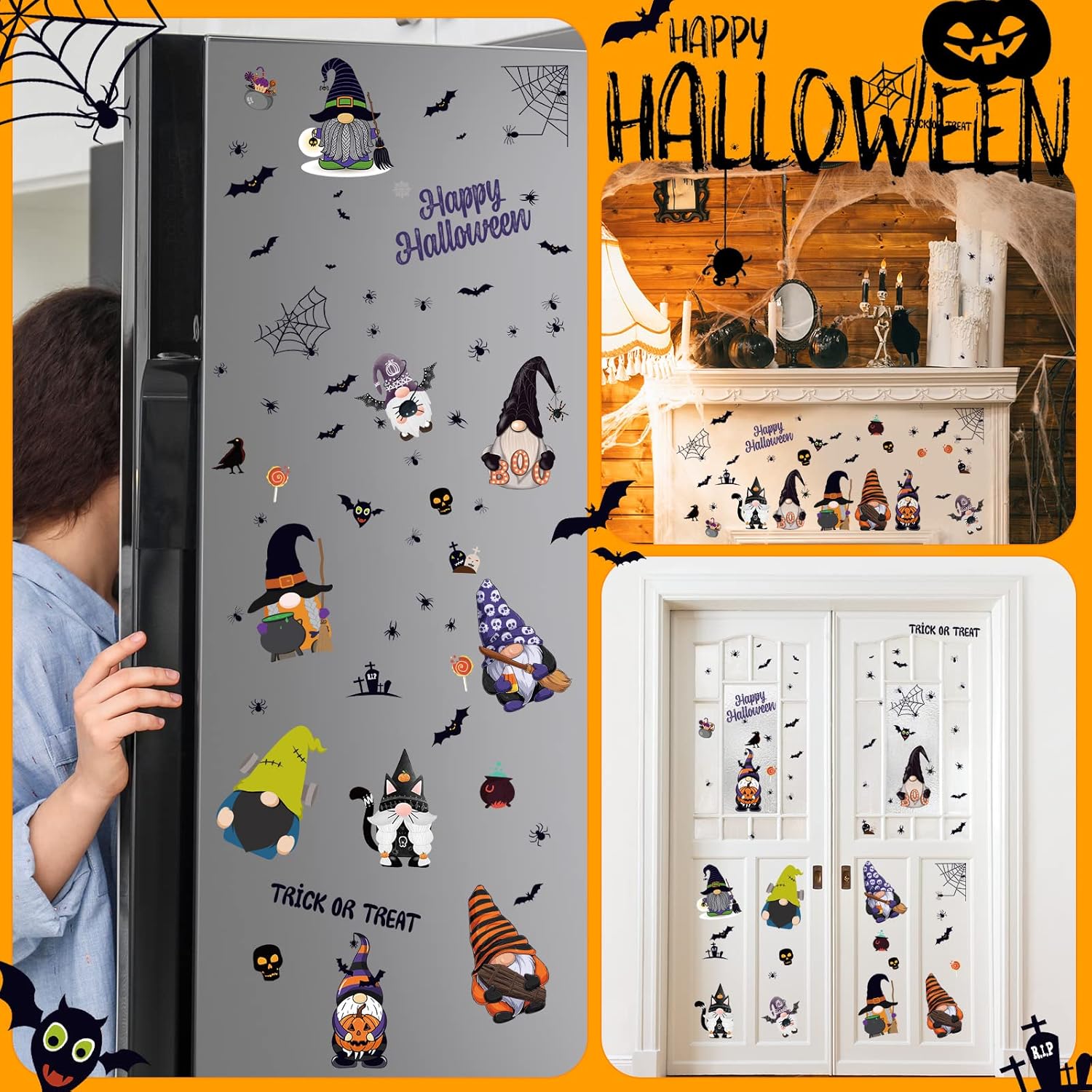 9 hojas de calcomanías de pared de gnomo de Halloween, calcomanías de pared de gnomo, para ventana, murciélago, elfo, enano, sin rostro, para