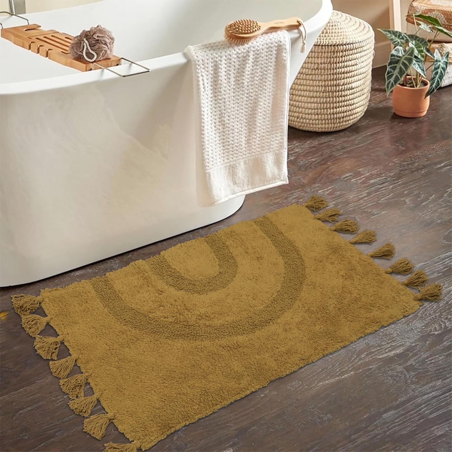 Alfombras de baño bohemias con borlas, 100 % algodón, tejida a mano, antideslizante, absorbente, con almohadilla para alfombra, alfombra de baño