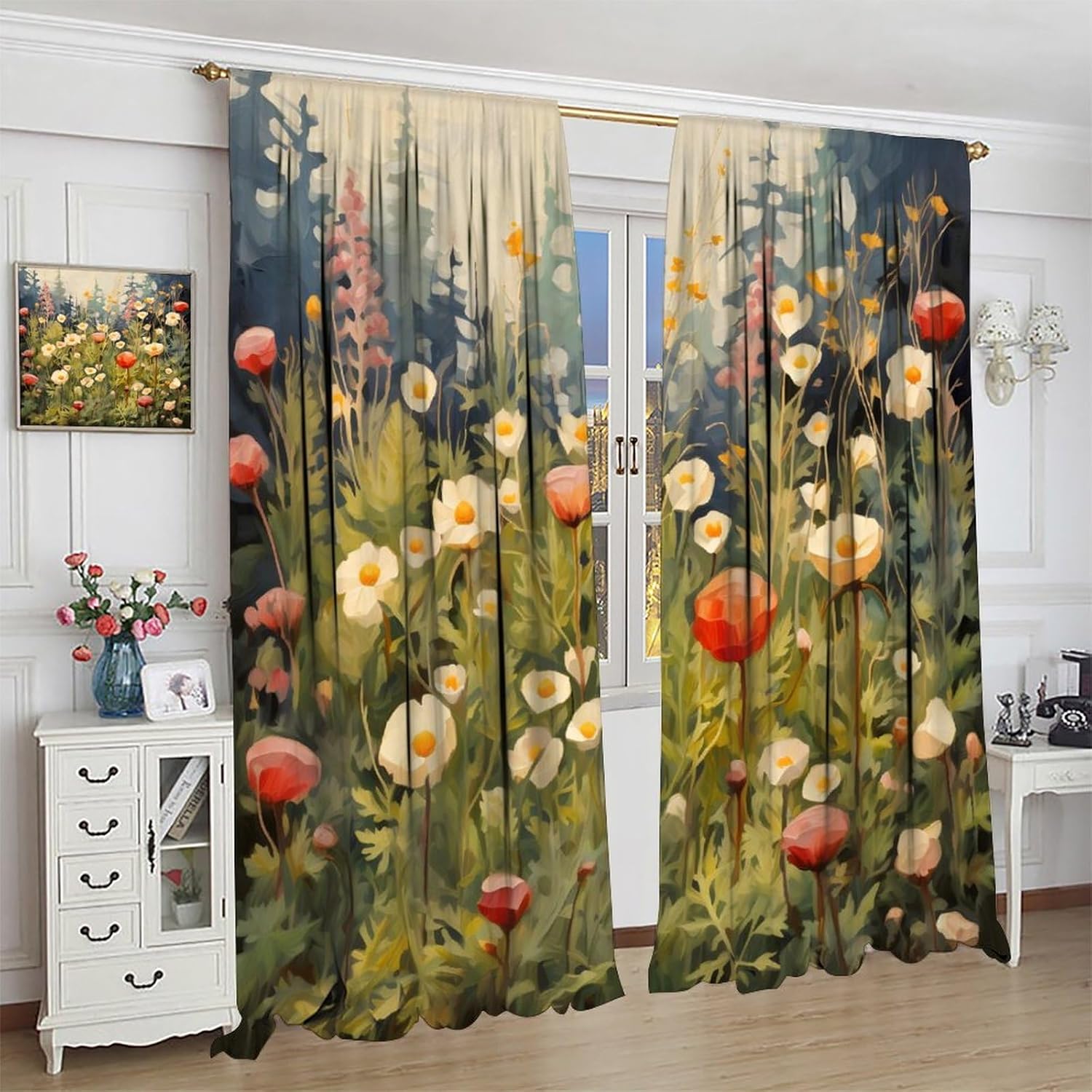 Cortinas florales, panel de cortina de flores silvestres de acuarela para primavera y verano, cortinas de ventana de plantas naturales con ojales