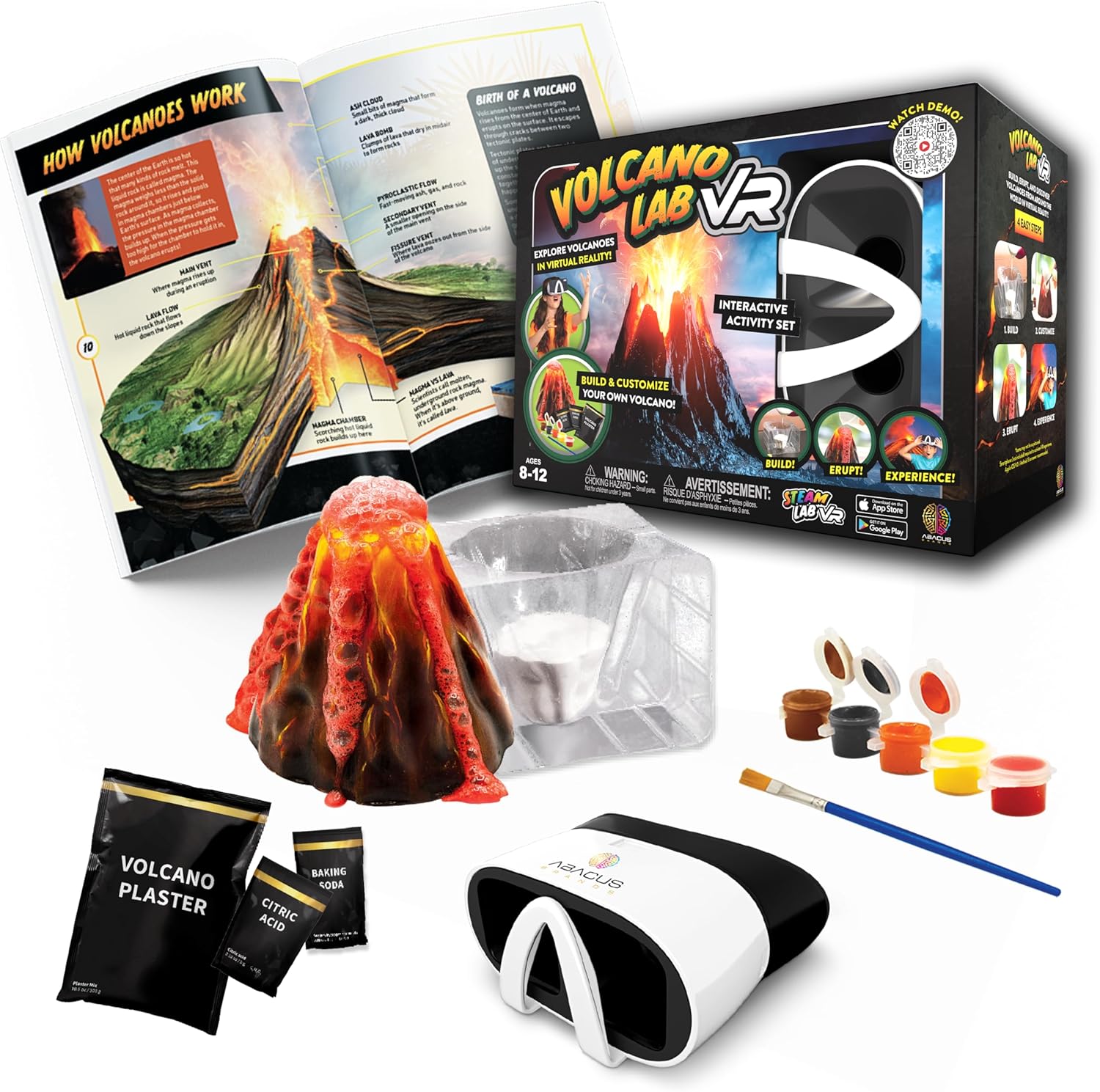 Abacus Brands STEAM Volcano Lab VR – Construye y erupta tu propio volcán – Kit de ciencia para niños de realidad virtual, libro y juego de