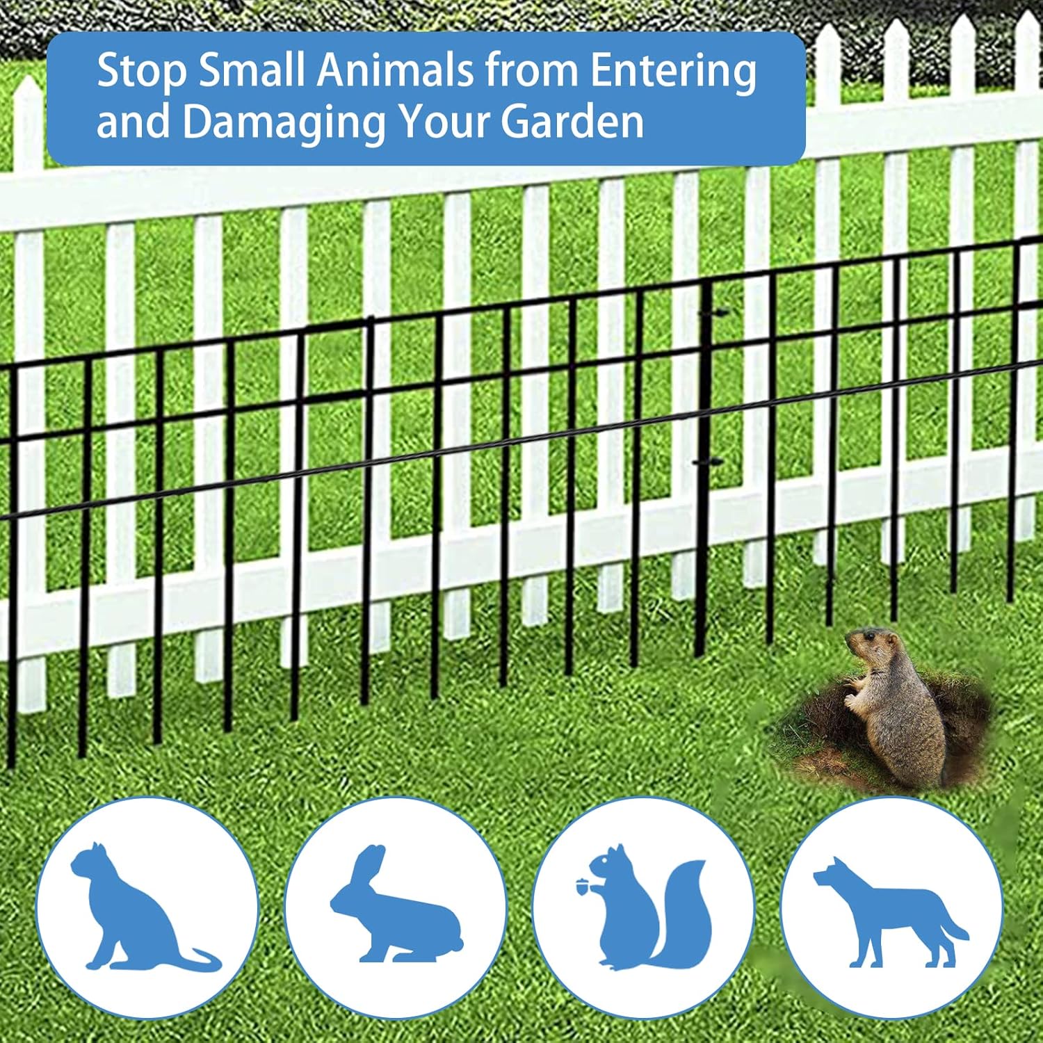Valla de barrera de animales sin excavación de 32 x 10 pulgadas, paquete de 10 valla protectora negra con espacio de púas de 1.5 pulgadas, valla