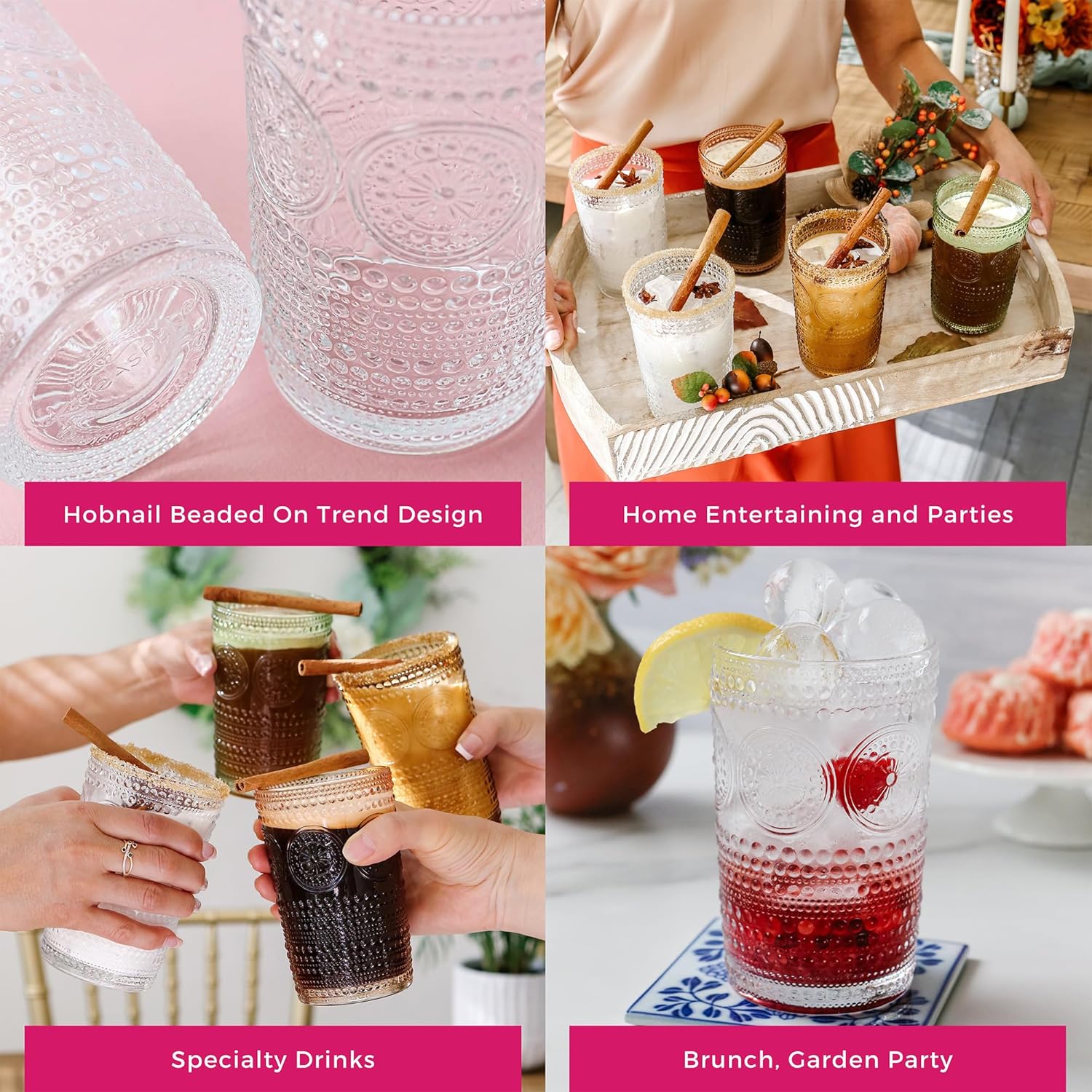 Kate Aspen Hobnail – Juego de 6 vasos transparentes con cuentas florales (13 onzas), juego de cristalería vintage, juego de vasos de cóctel, vasos